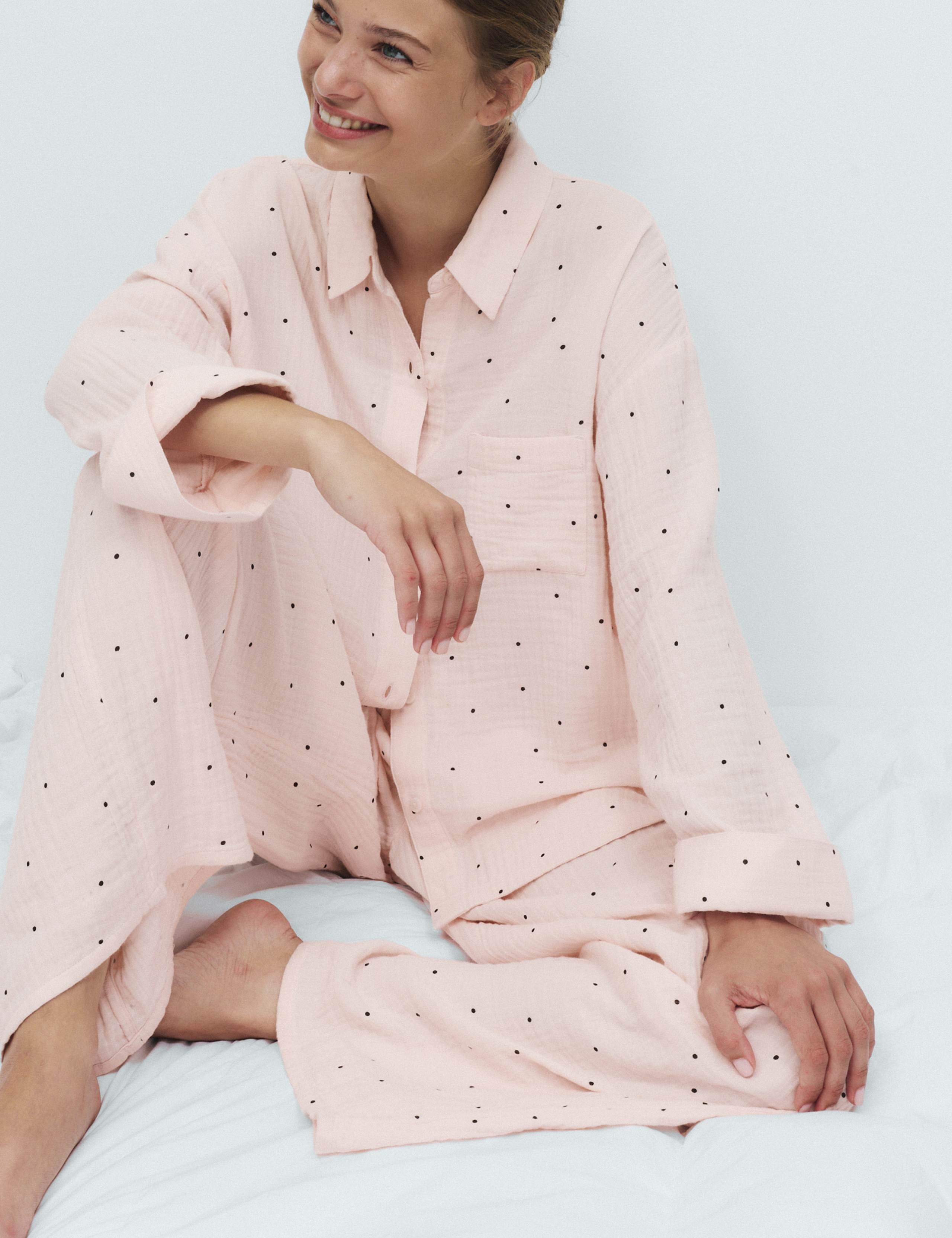 Pure Cotton Muslin Spot Print Long Pyjama Set