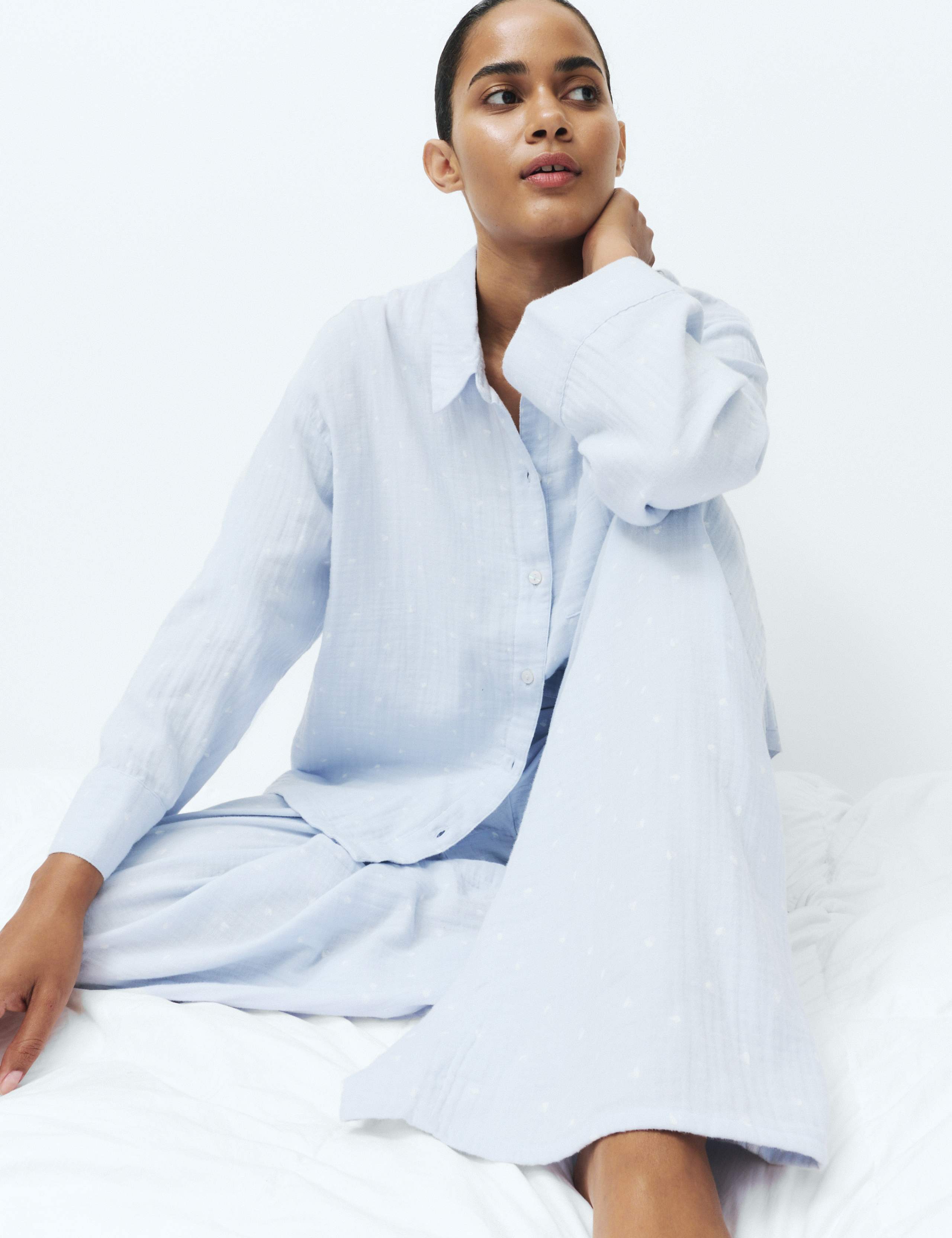 Pure Cotton Muslin Spot Print Long Pyjama Set