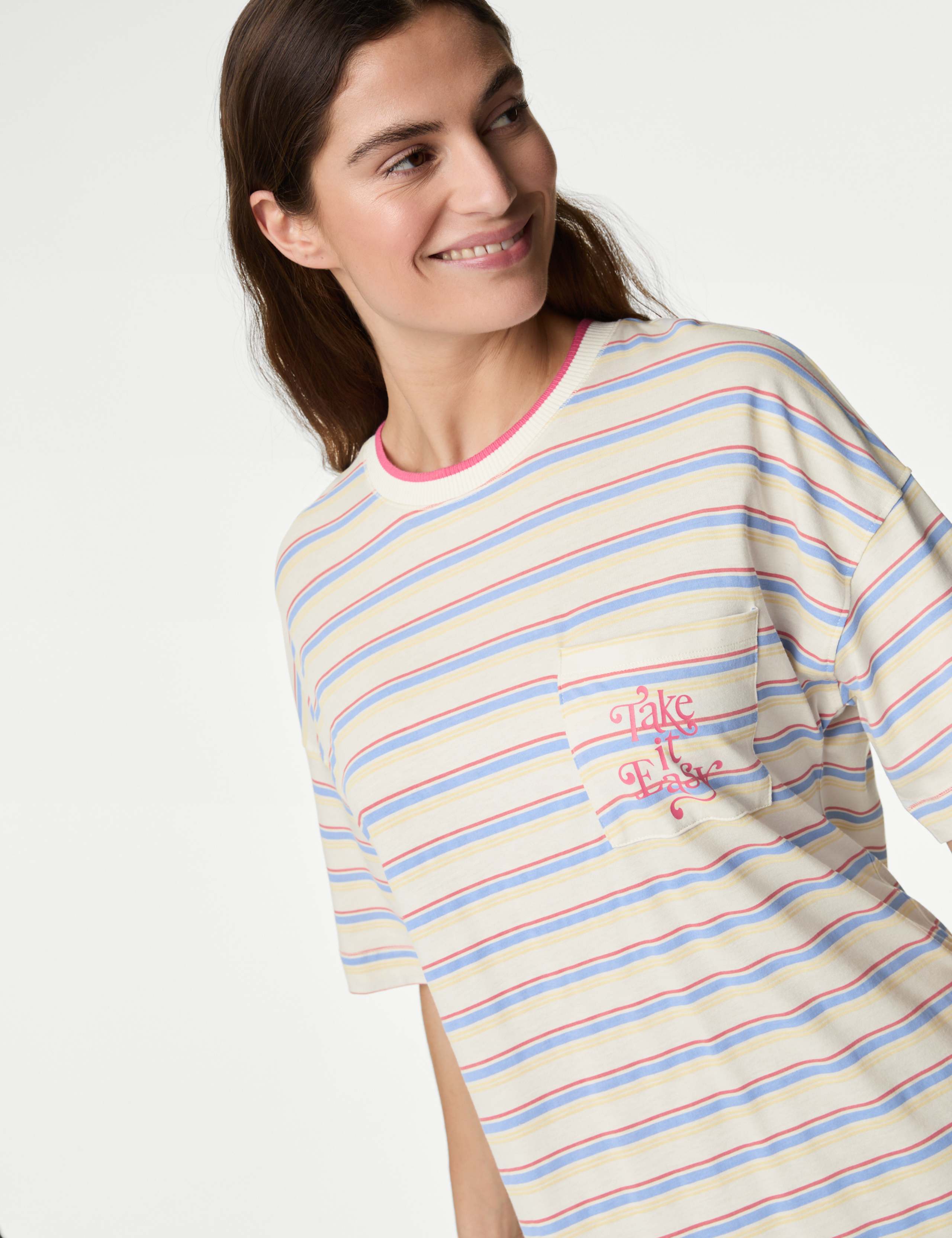 Cotton Modal Slogan Striped Nightdress
