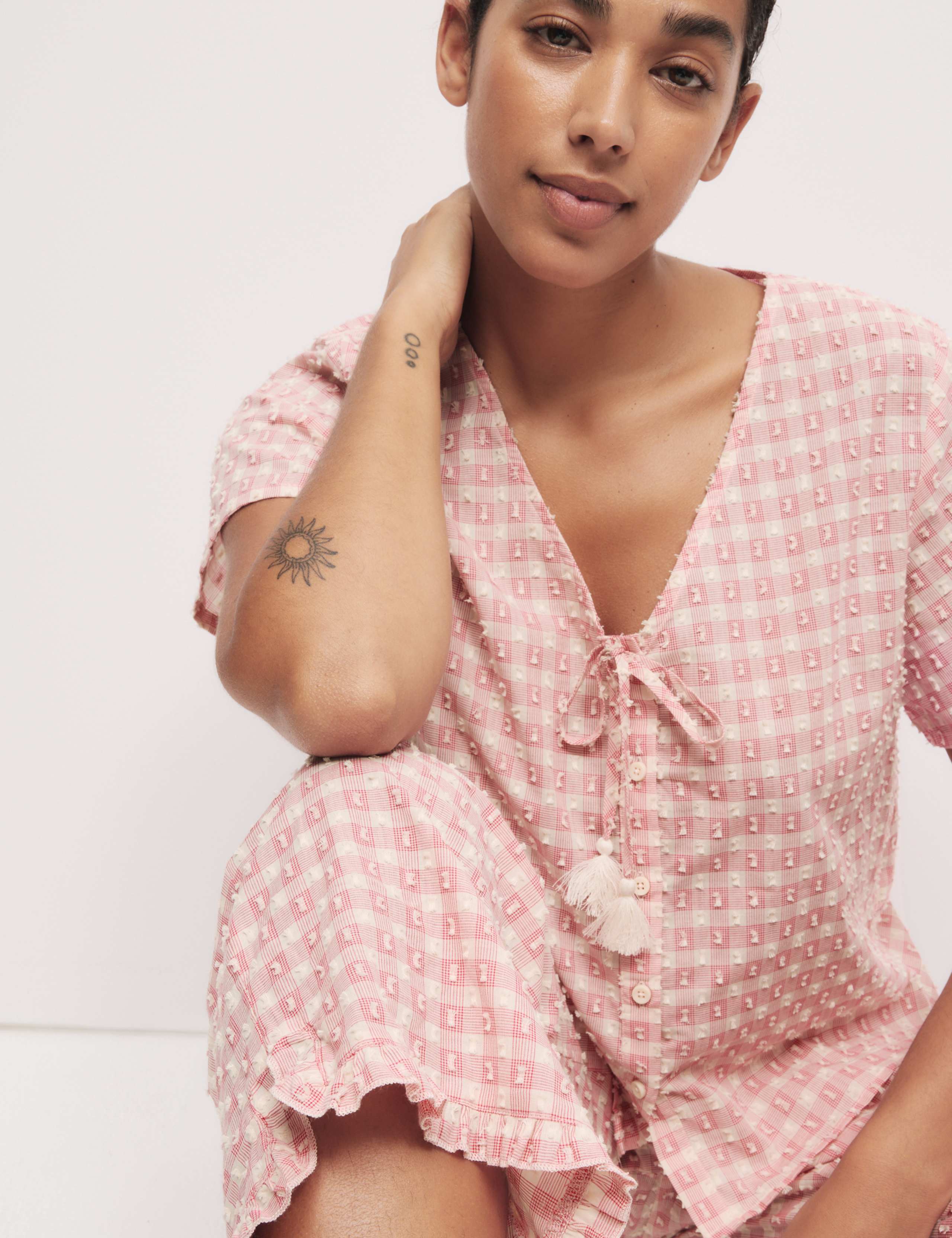 Pure Cotton Gingham Tie Front Pyjama Top