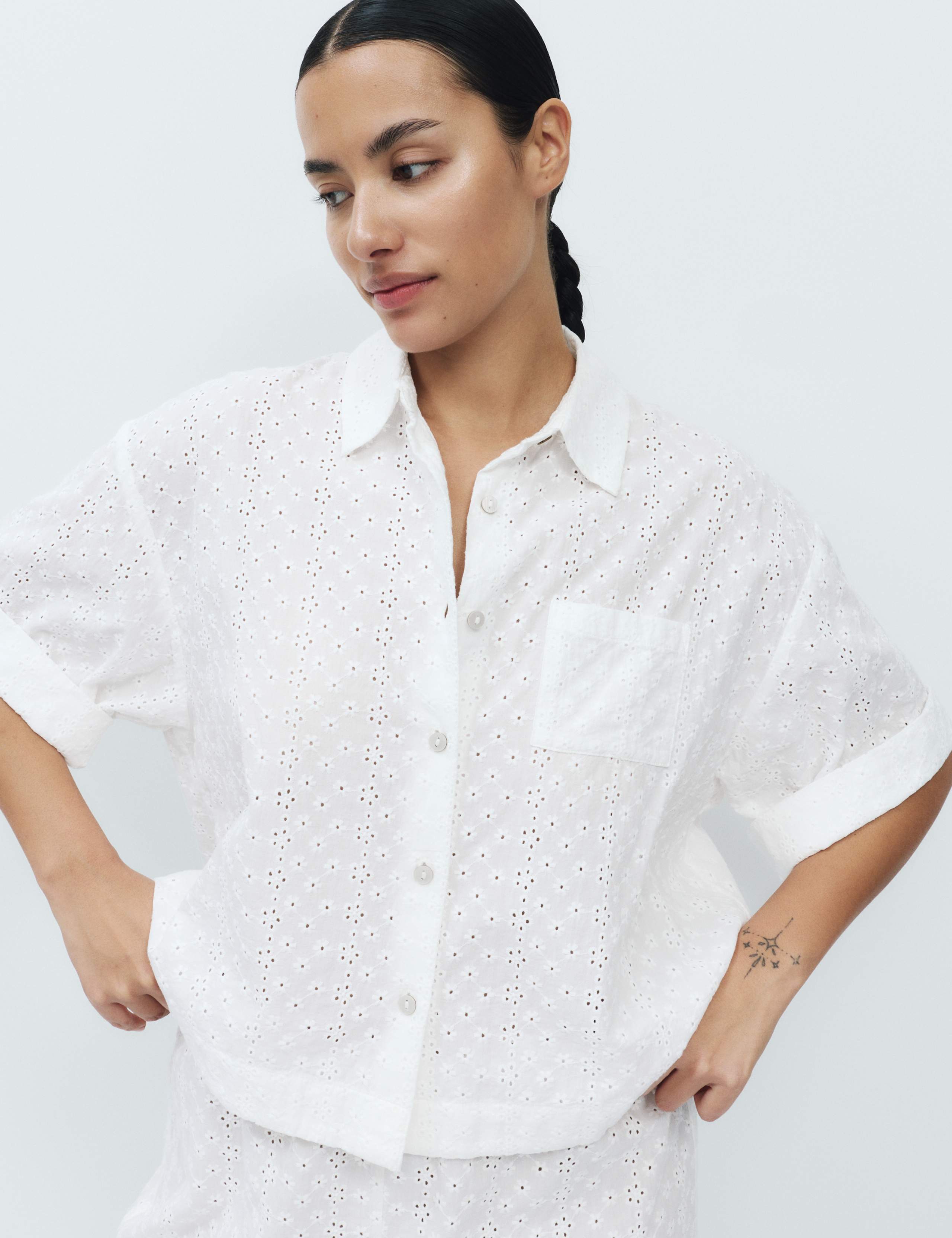 Pure Cotton Broderie Short Sleeve Pyjama Shirt