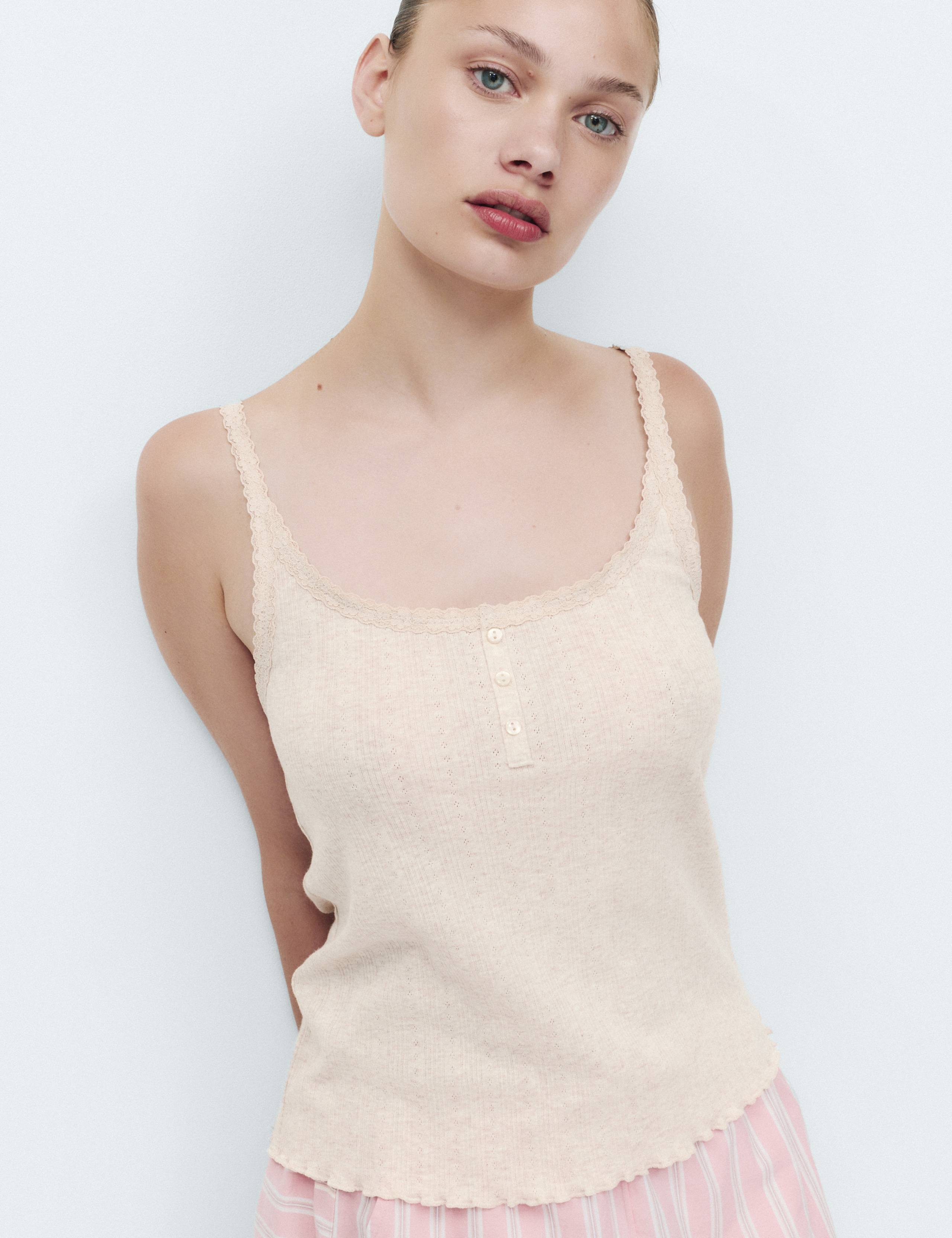 Cotton Blend Pointelle Lace Trim Cami Top