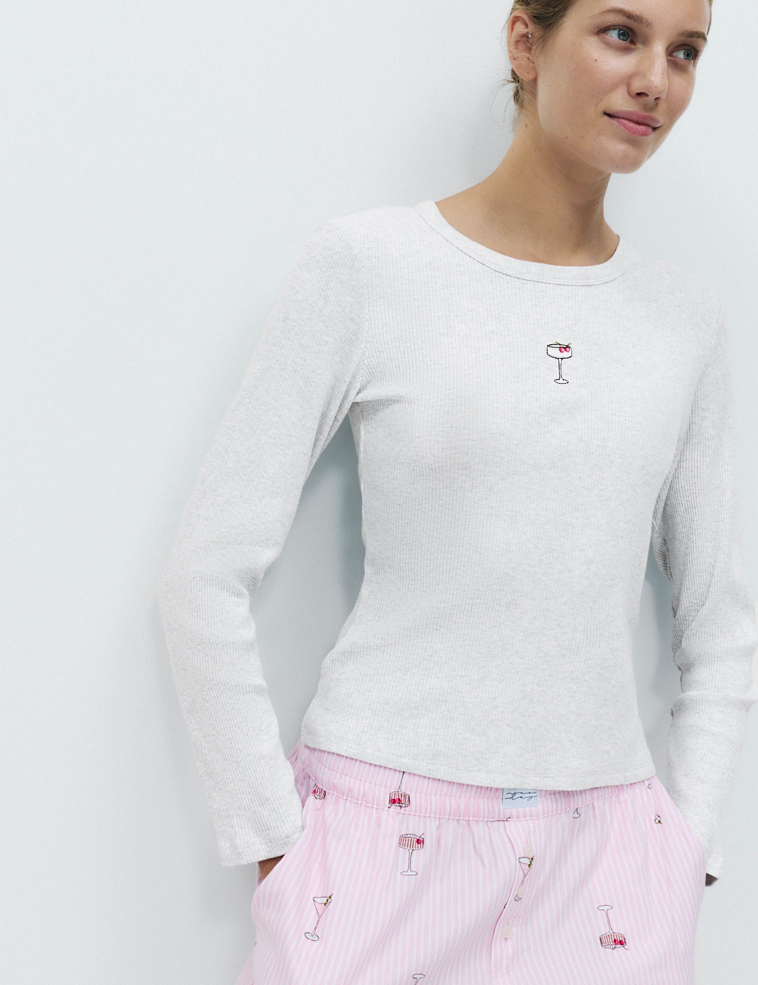 Cotton Modal Ribbed Embroidered Pyjama Top