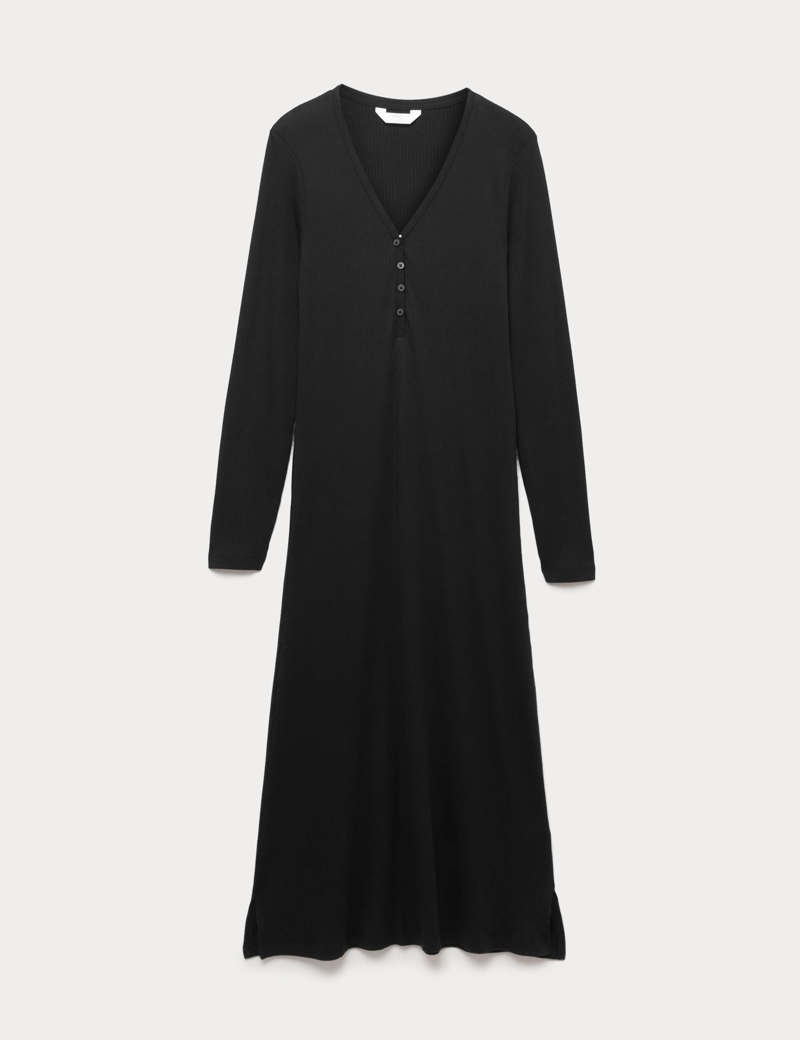 Ribbed Henley Long Sleeve Long Nightdress
