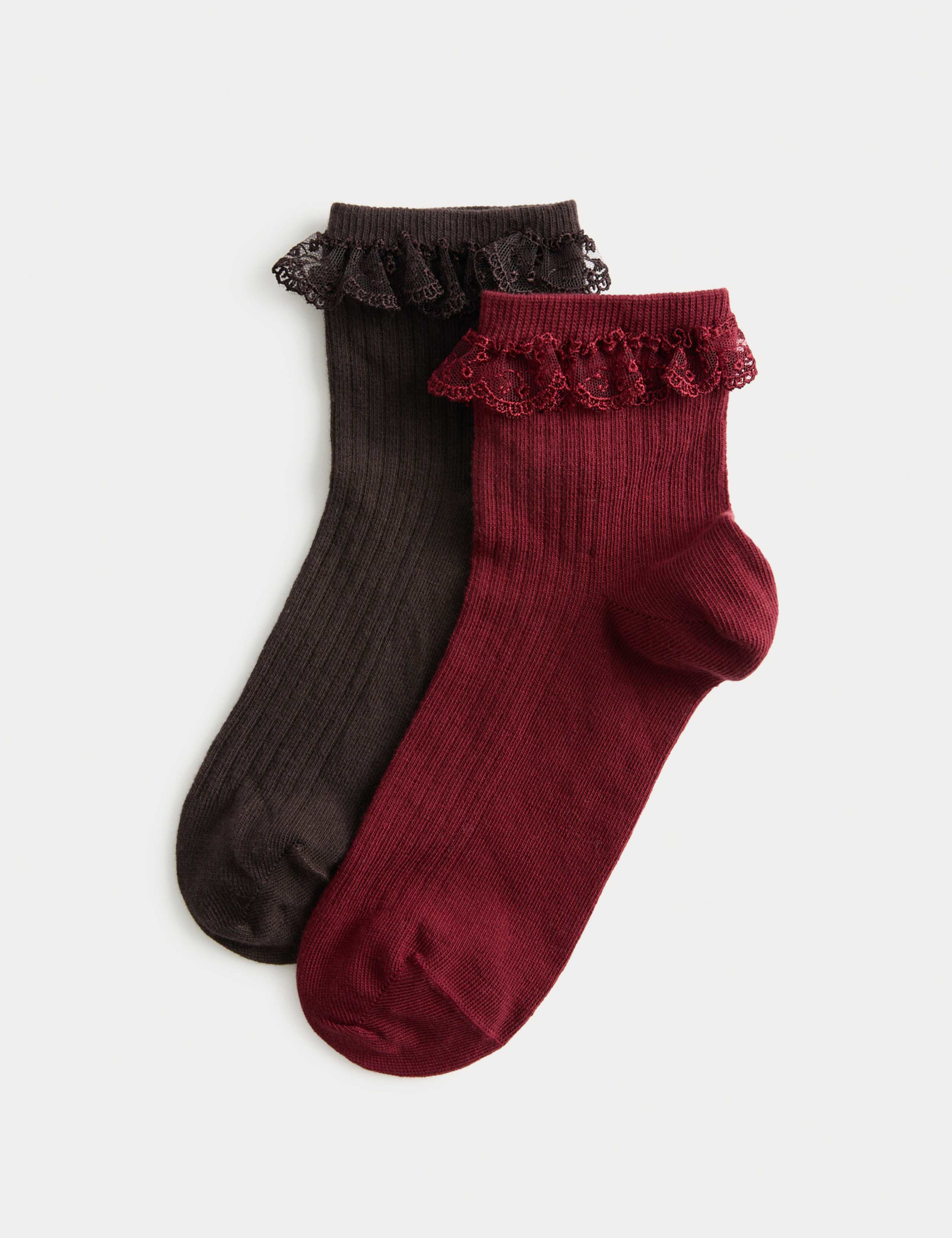 2 Pack Cotton Rich Lace Trim Ankle High Socks