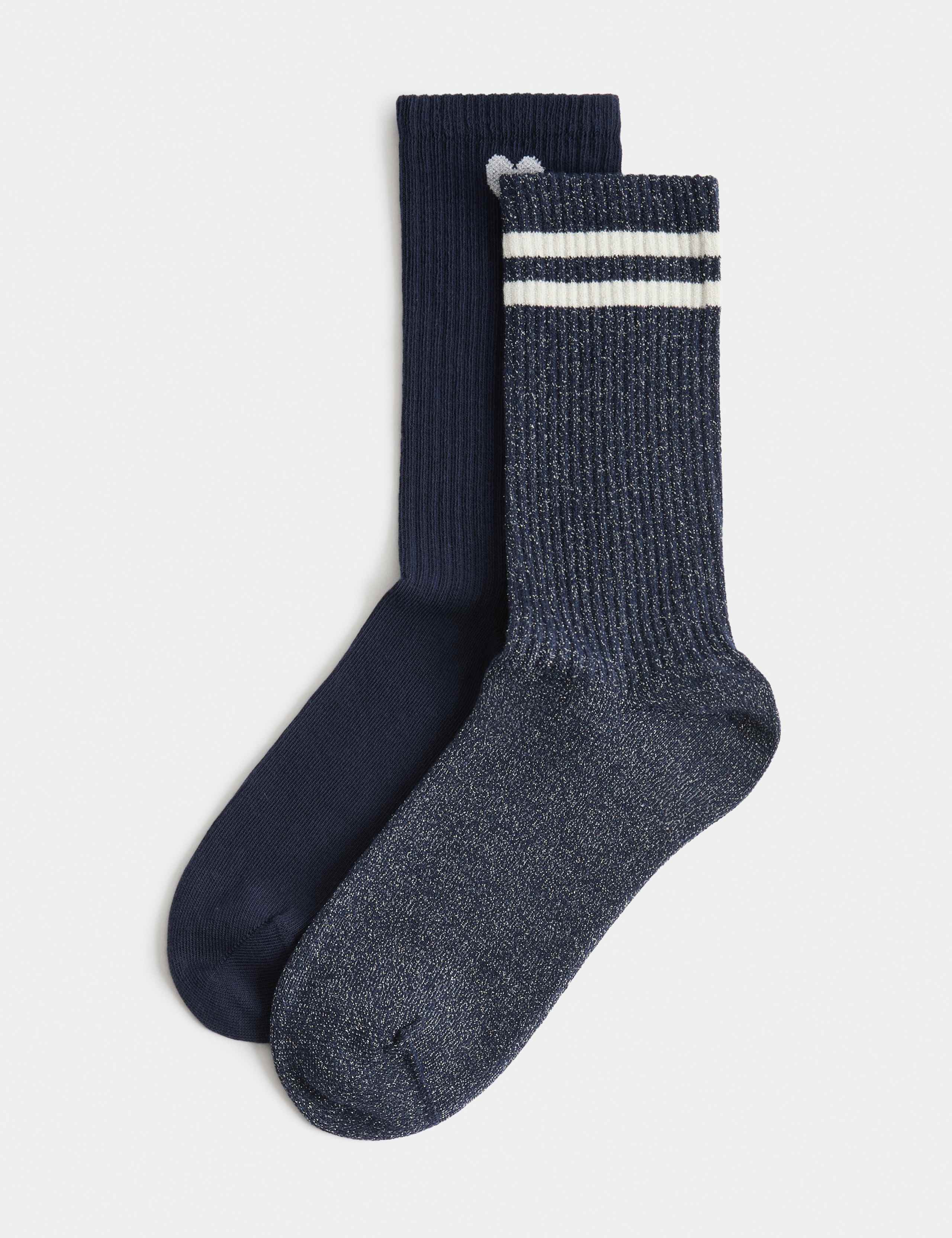 2 Pack Cotton Rich Sparkle Patterned Crew Socks