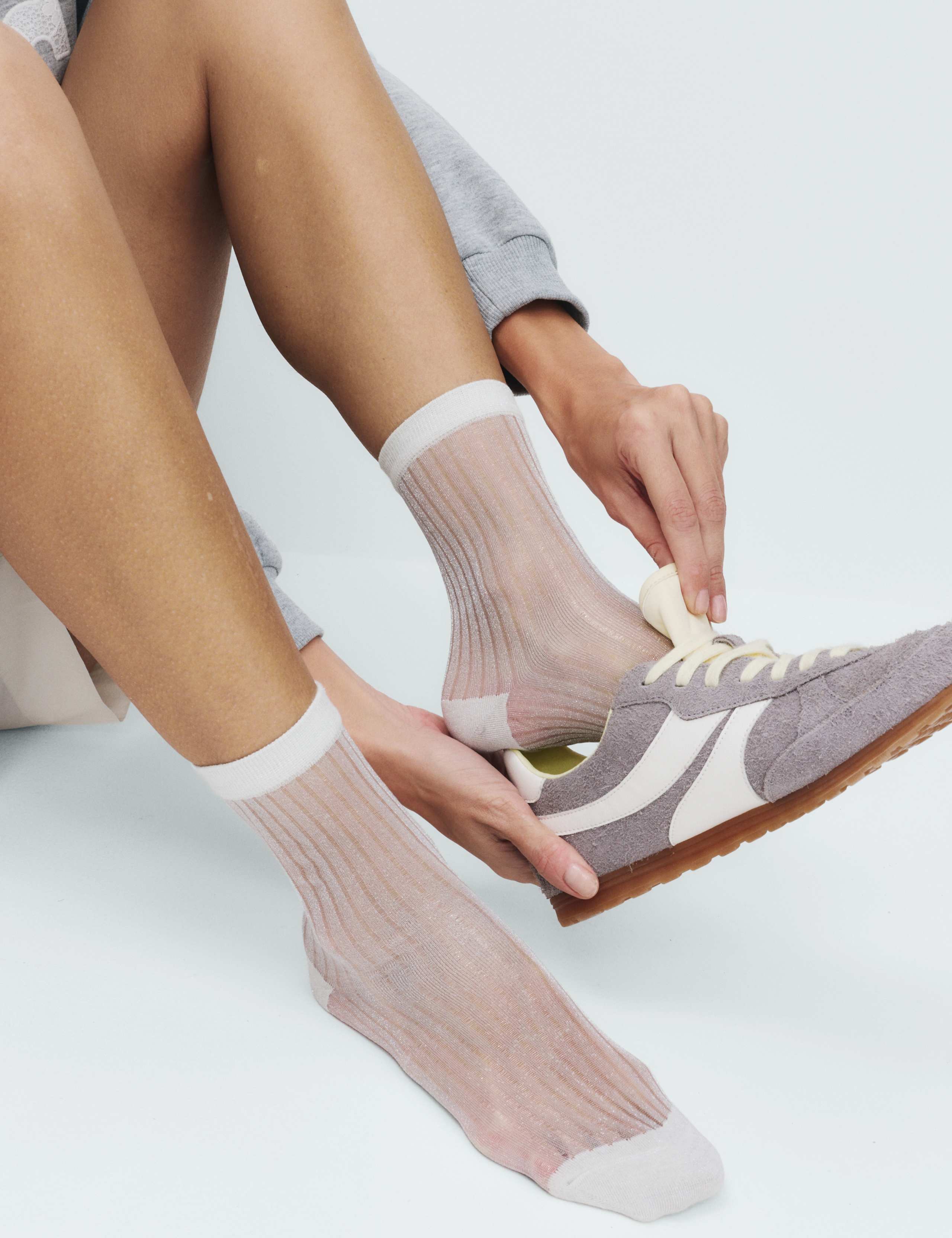 Cotton Blend Sheer Ribbed Sparkly Crew Socks