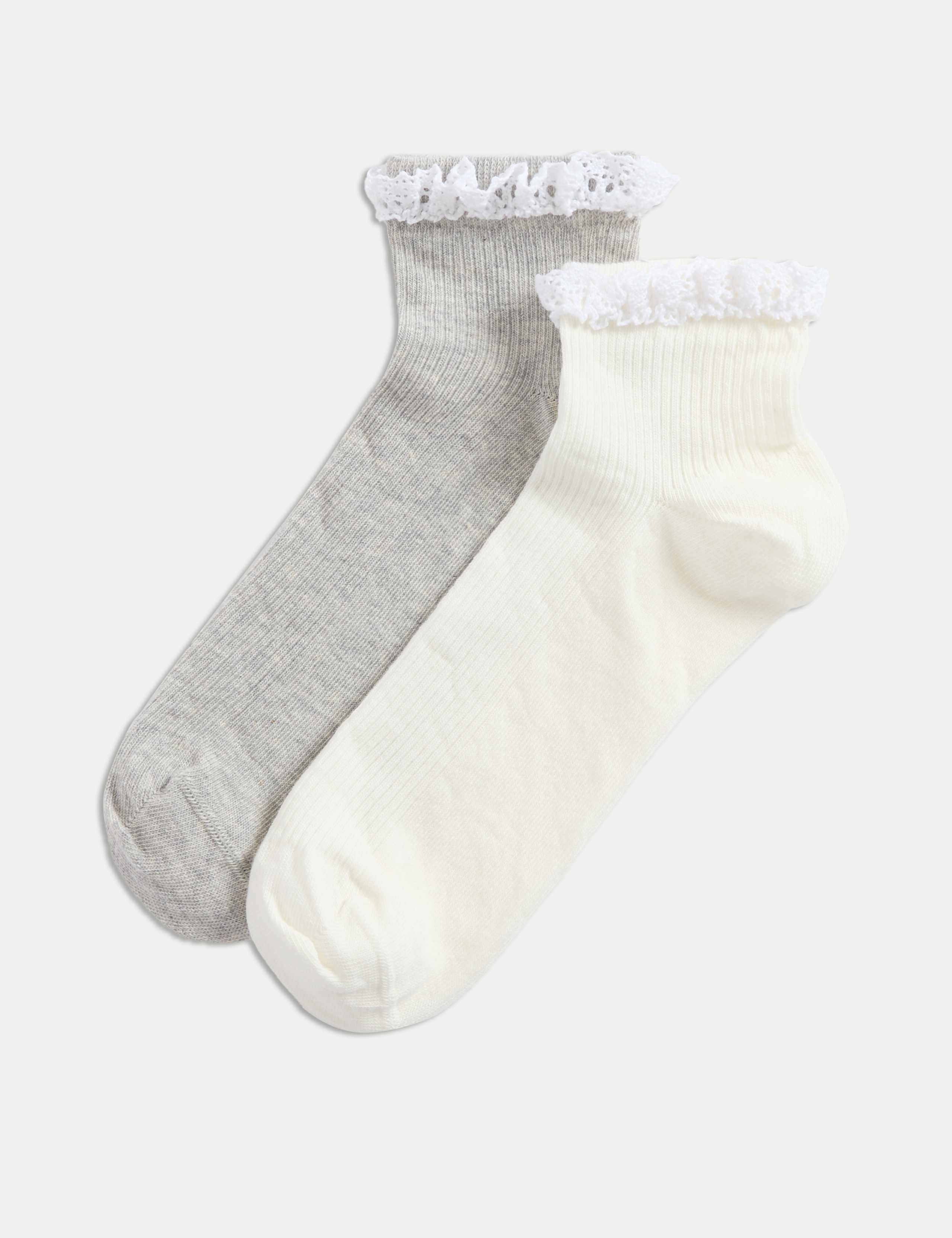 2pk Cotton Rich Lace Trim Quarter Socks