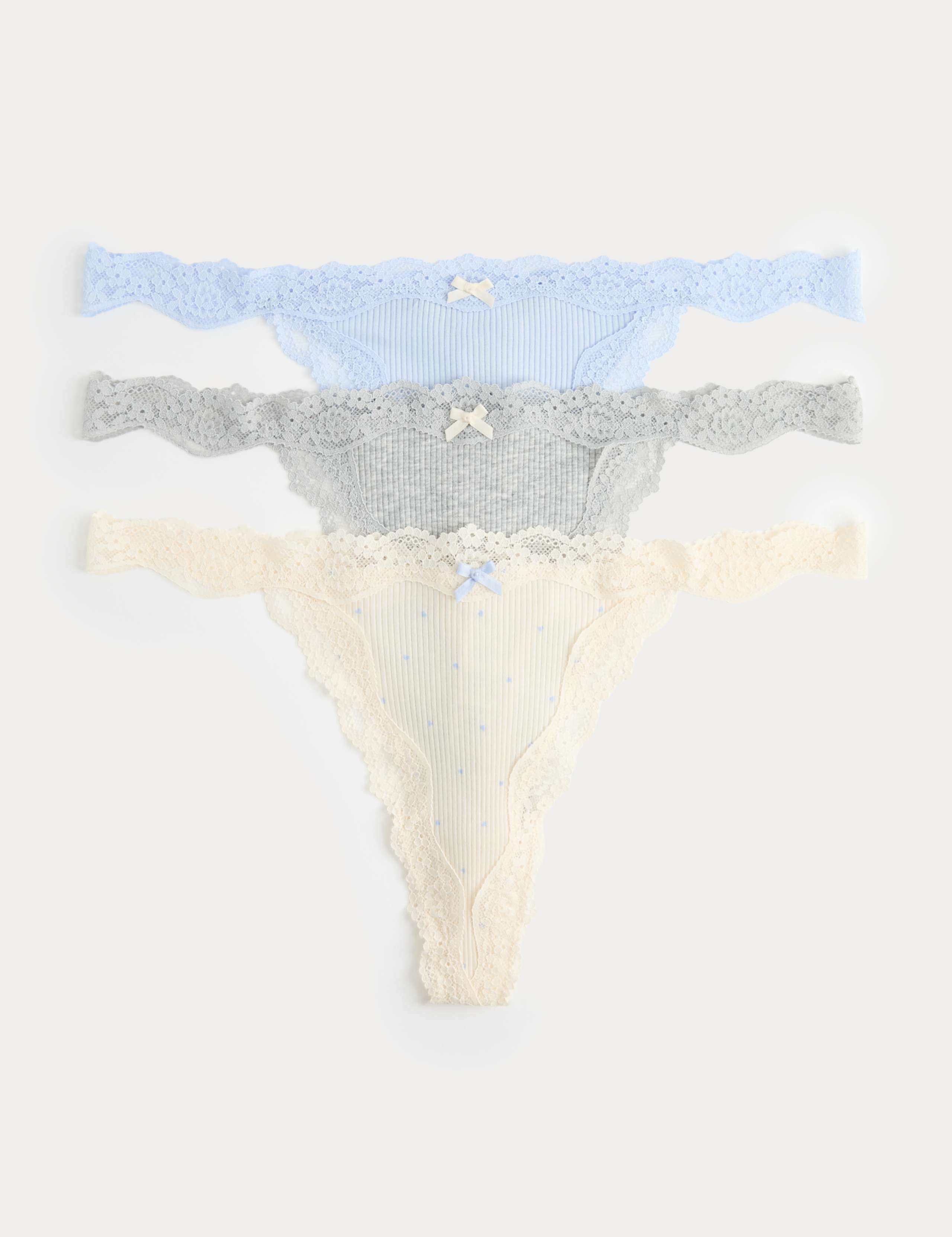 3 Pack Cotton Blend Rib Lace Thongs