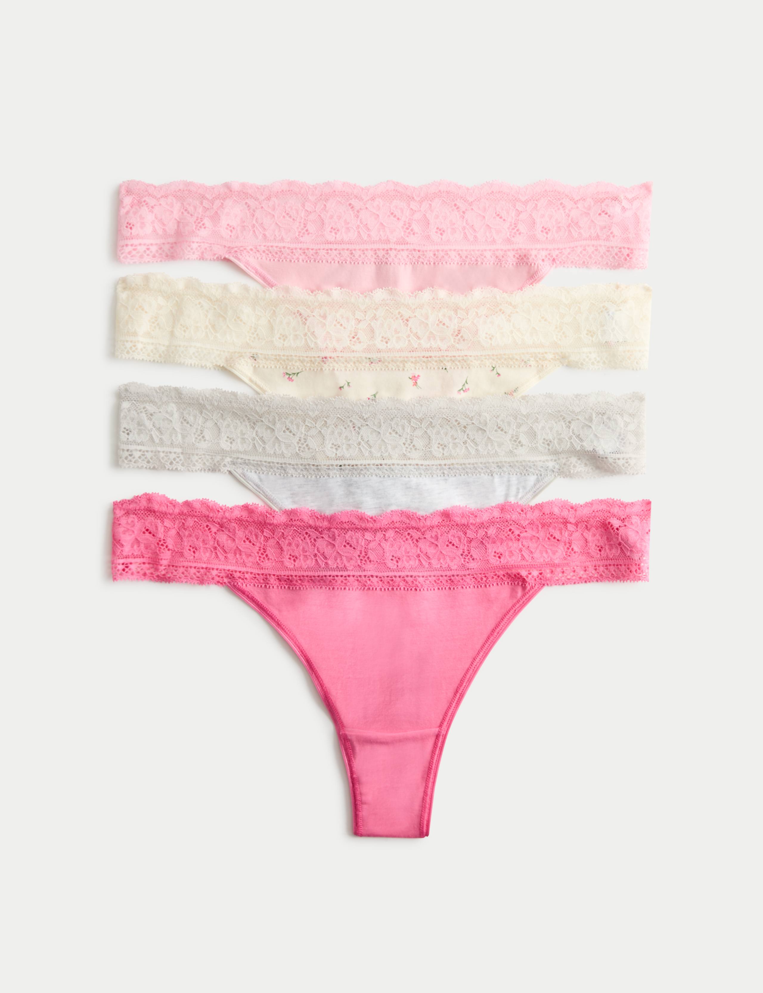 5pk Cotton & Lace Printed Thongs