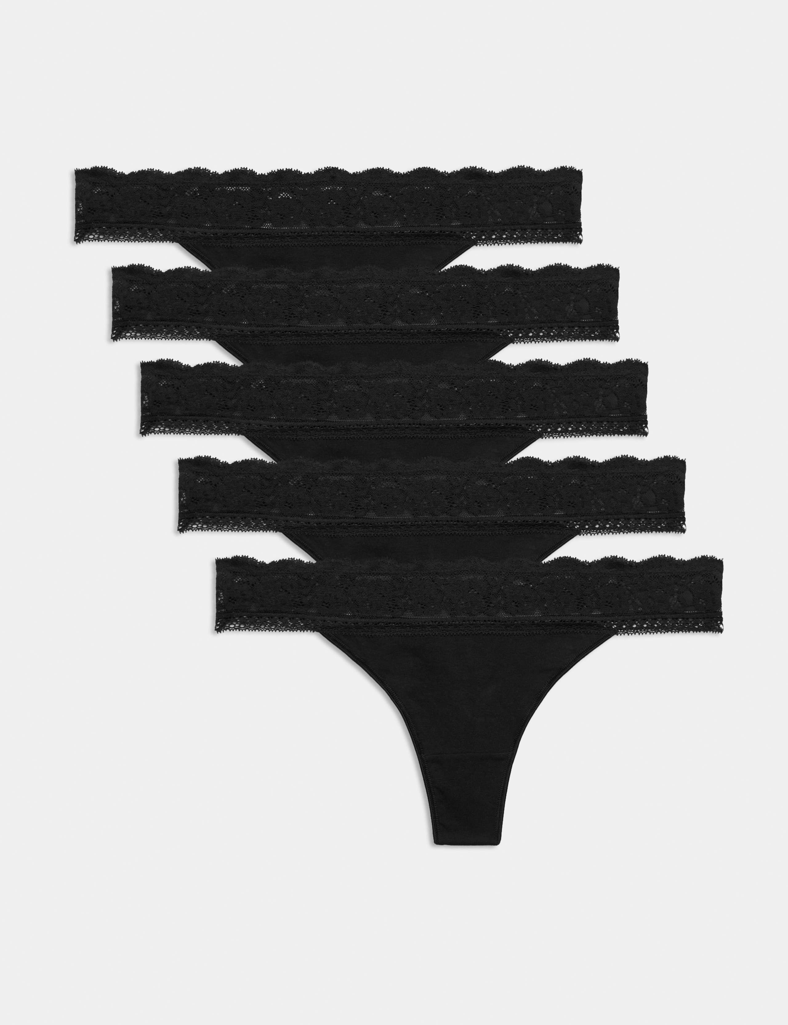 5 Pack Cotton & Lace Printed Thongs