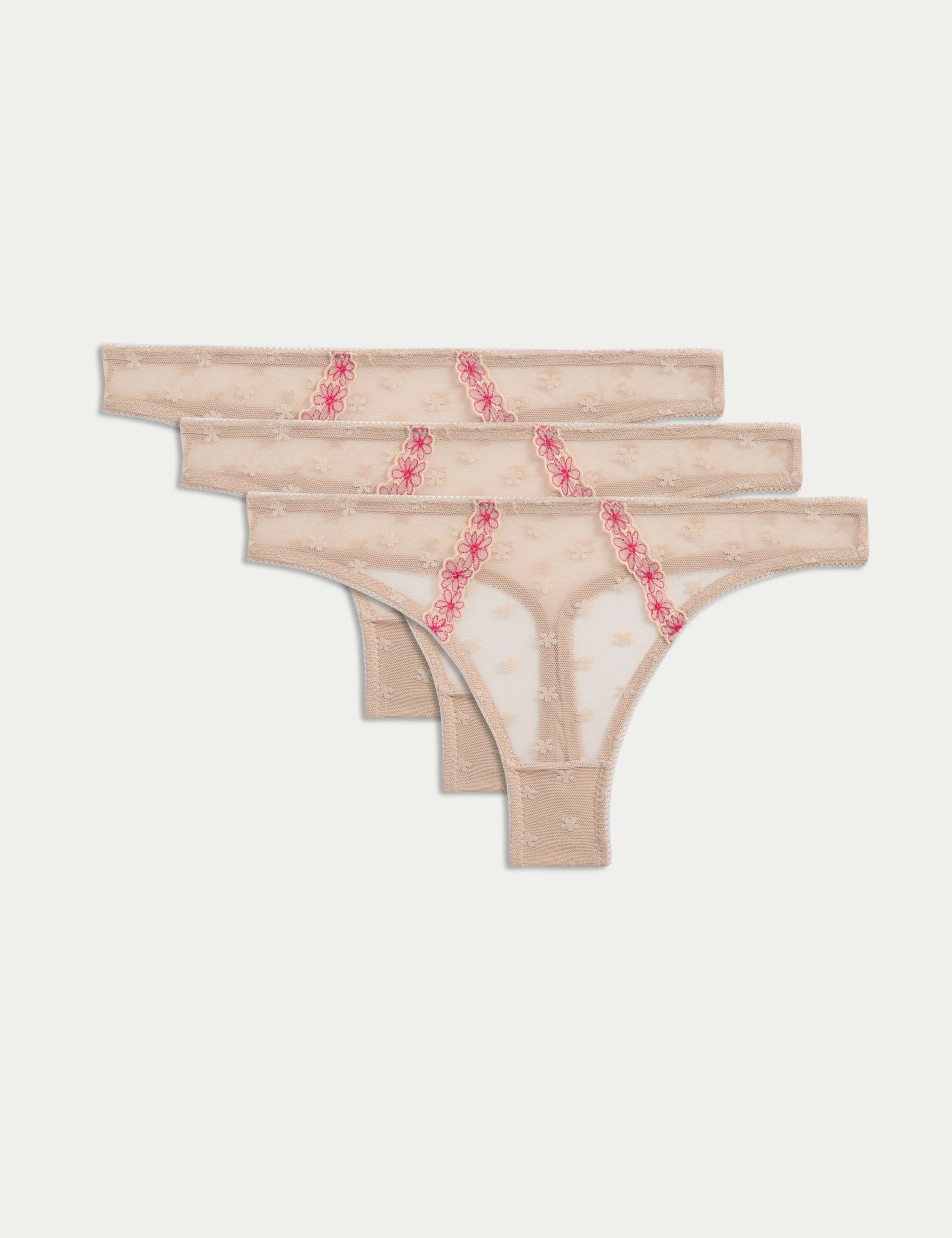 3pk Daisy Embroidery Mesh Thongs