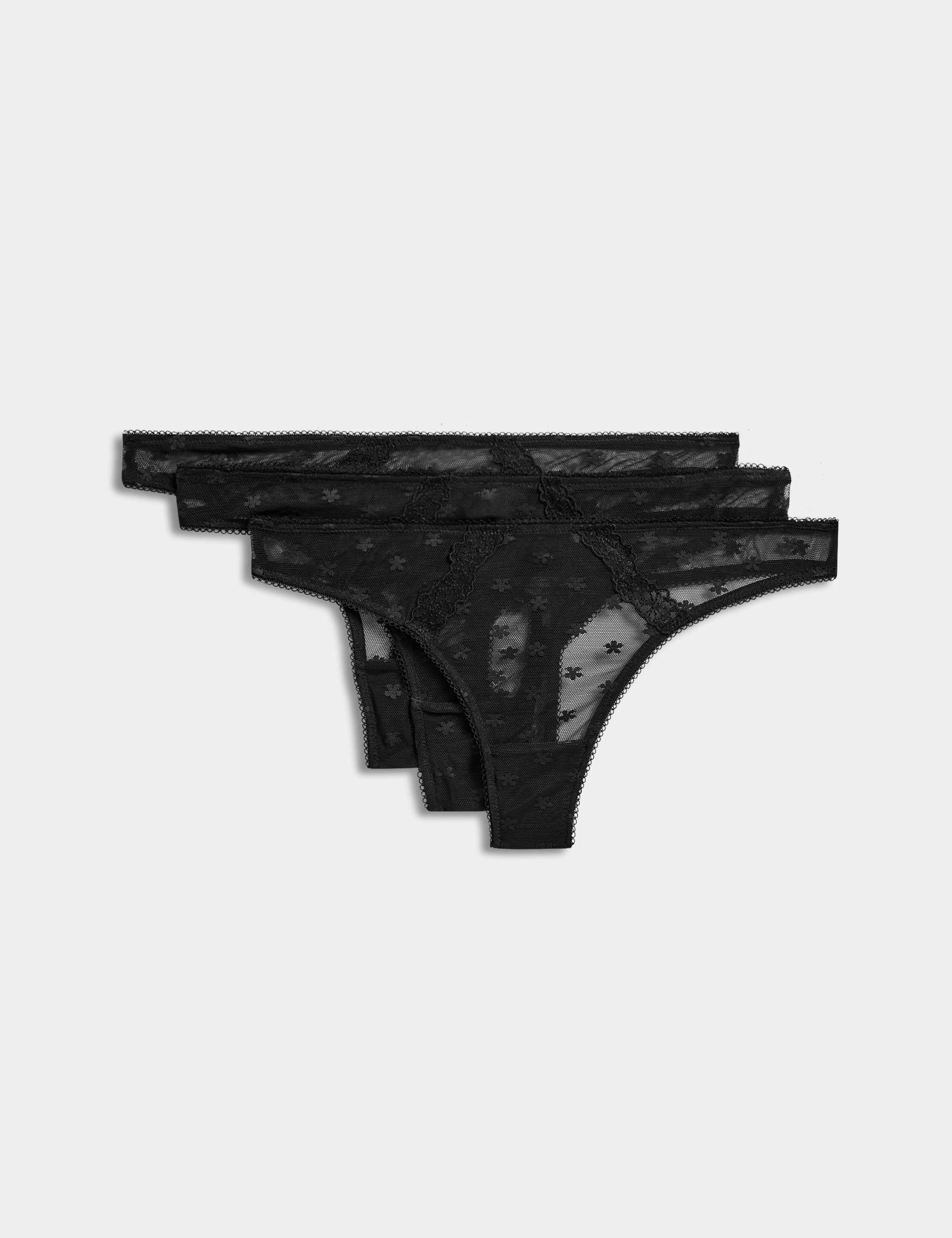3pk Daisy Embroidery Mesh Thongs