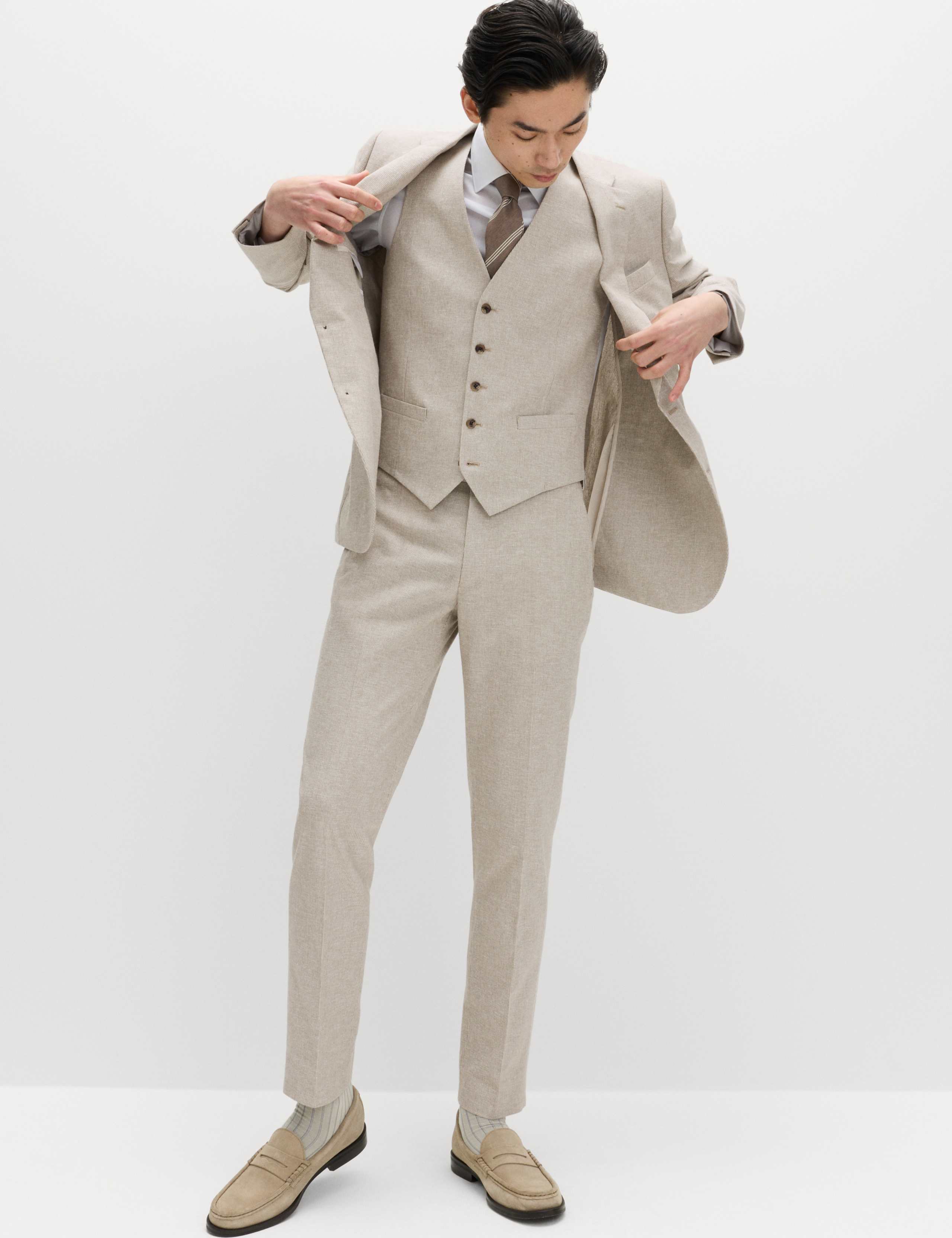 3 Piece Tailored Fit Cotton Linen Striped Suit 4 of 7