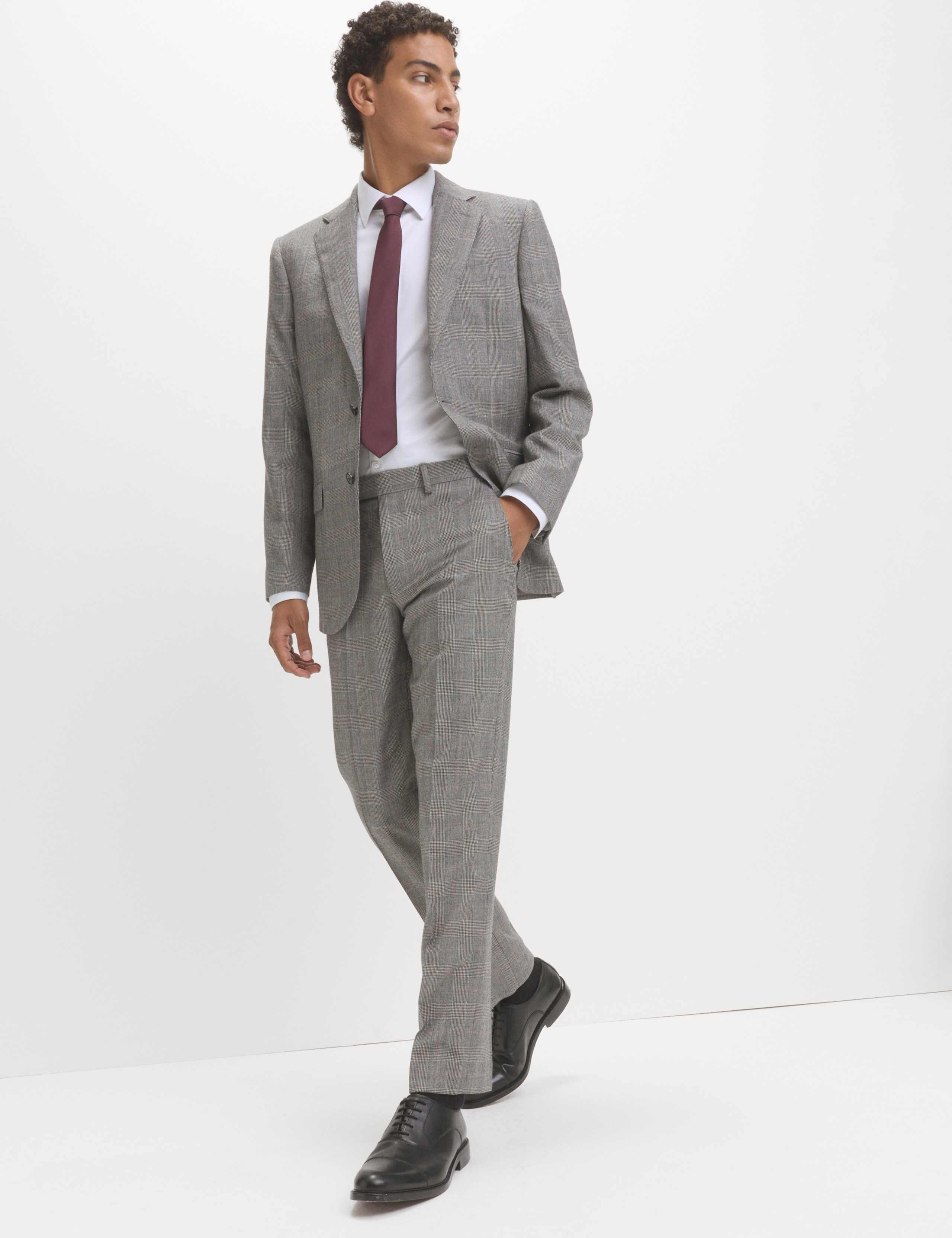 Regular Fit Pure Wool Checked Suit Trousers