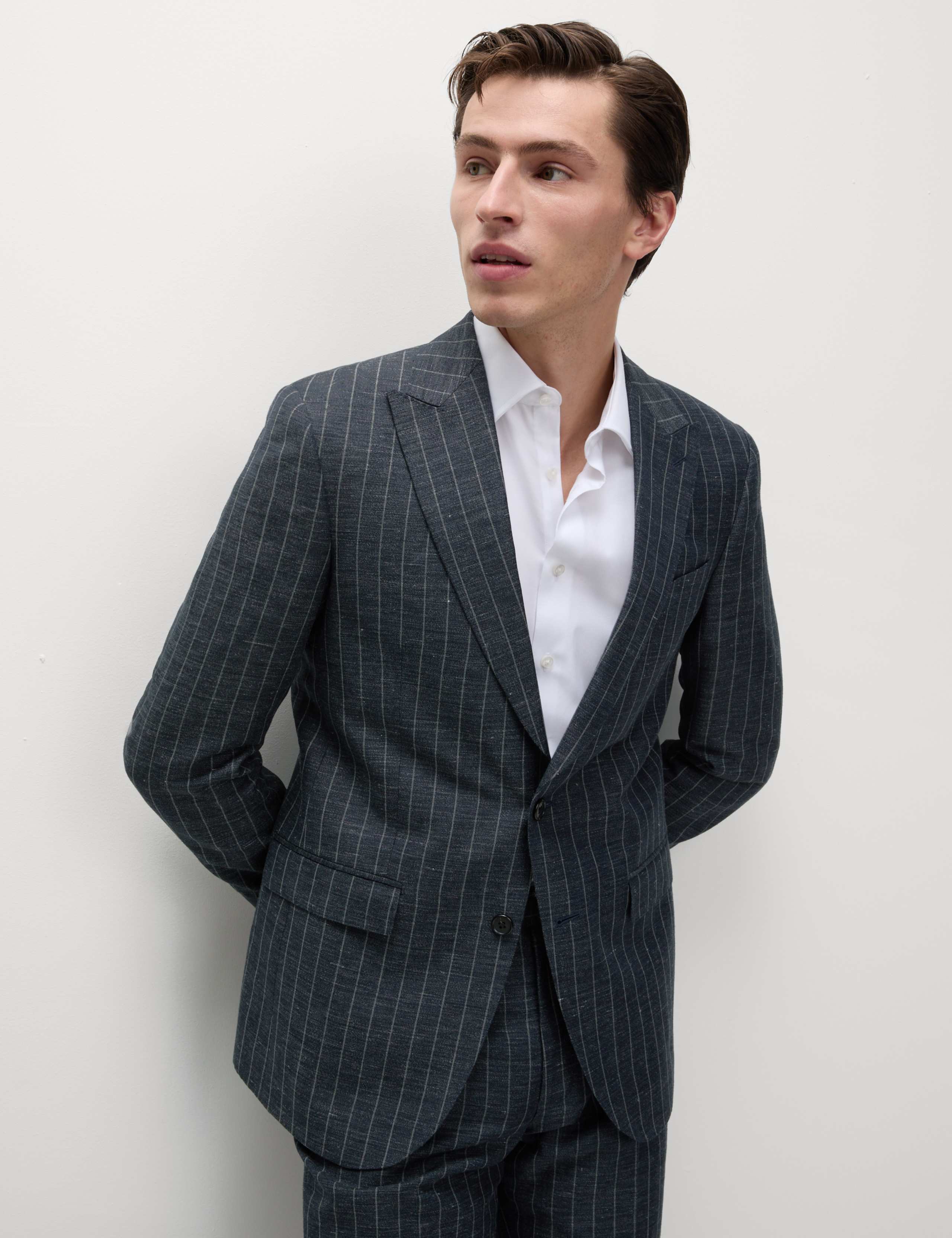 Regular Fit Wool Linen Blend Pinstripe Suit Jacket