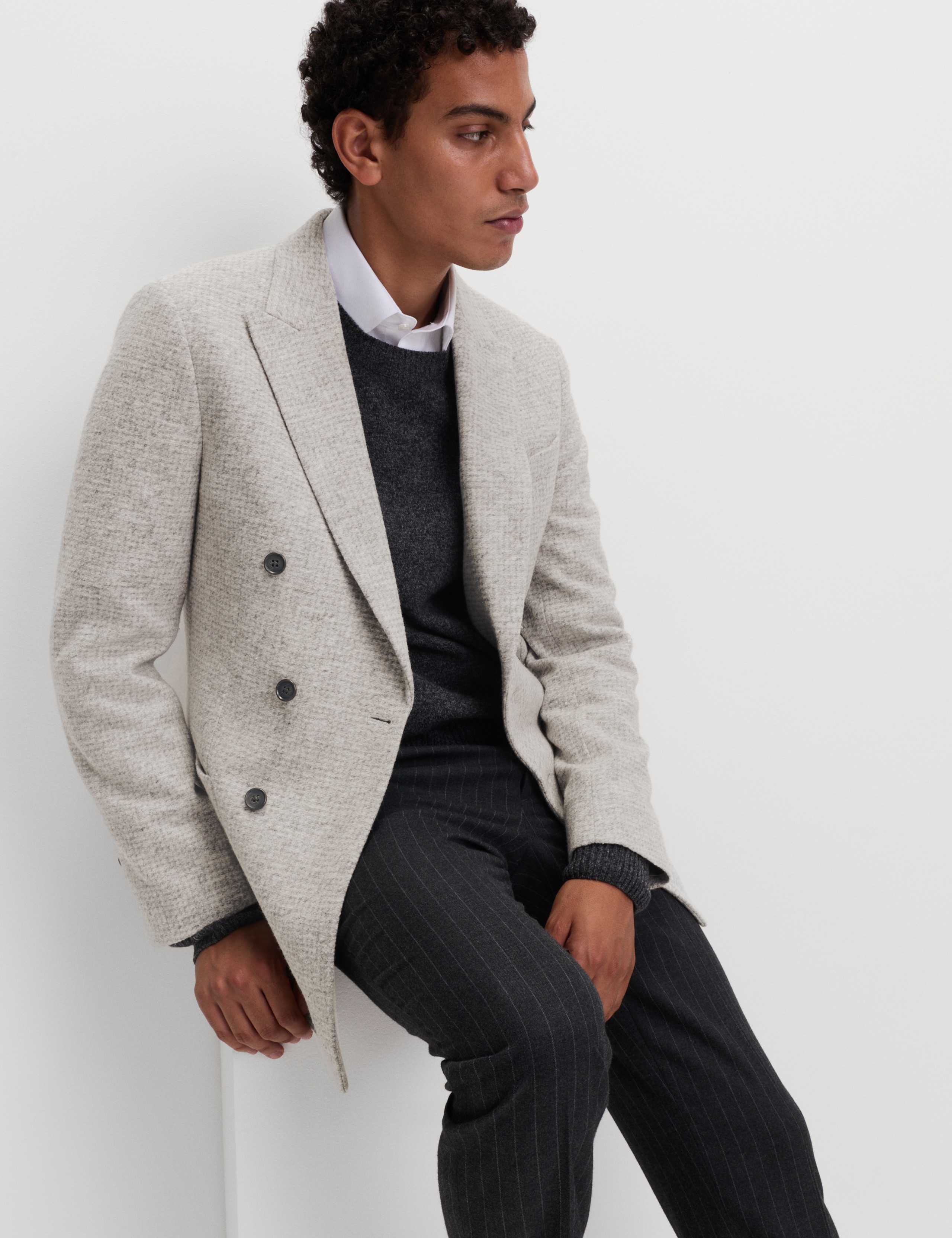 Wool Cotton Blend Micro Check Blazer