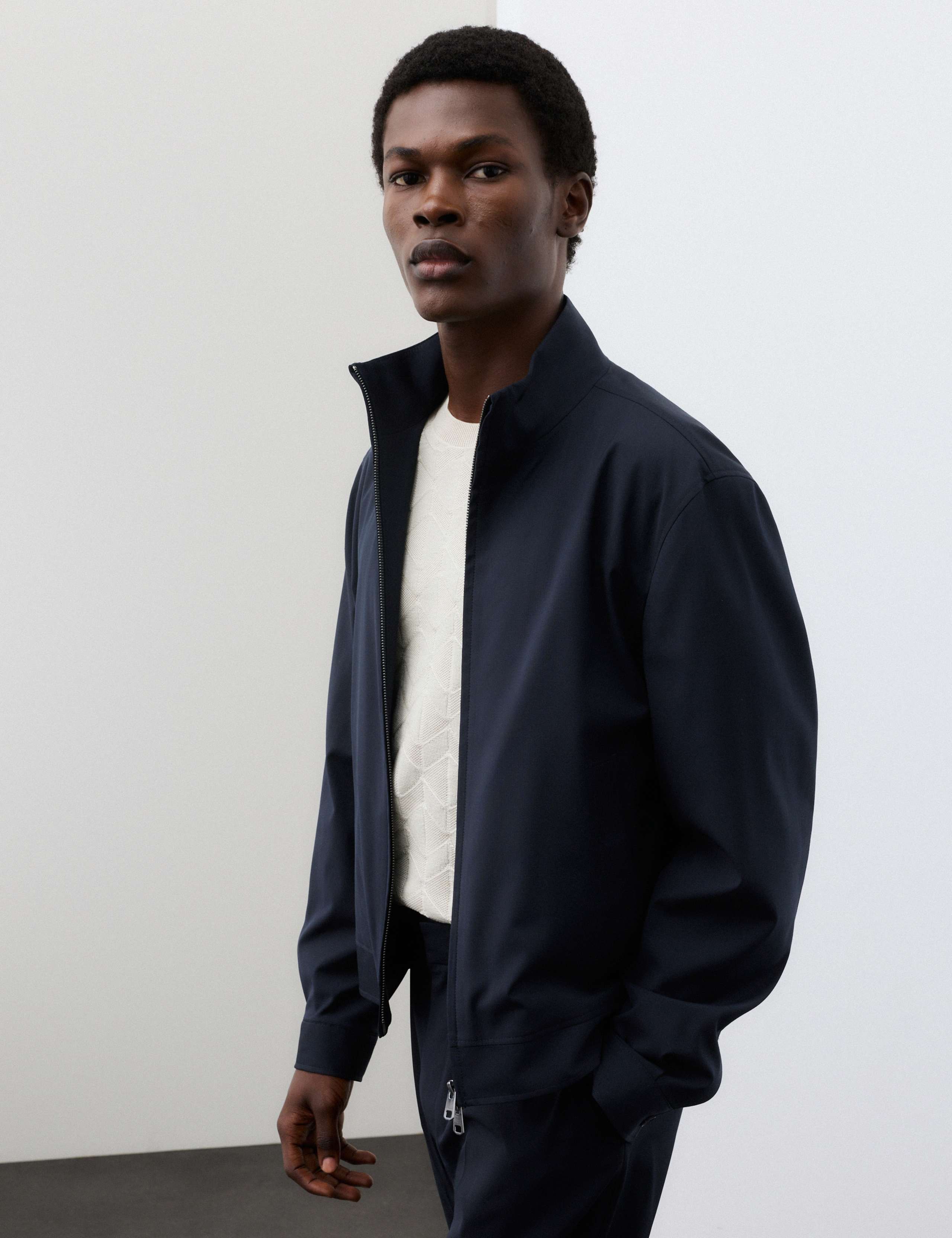 Wool Blend Funnel Neck Harrington Jacket