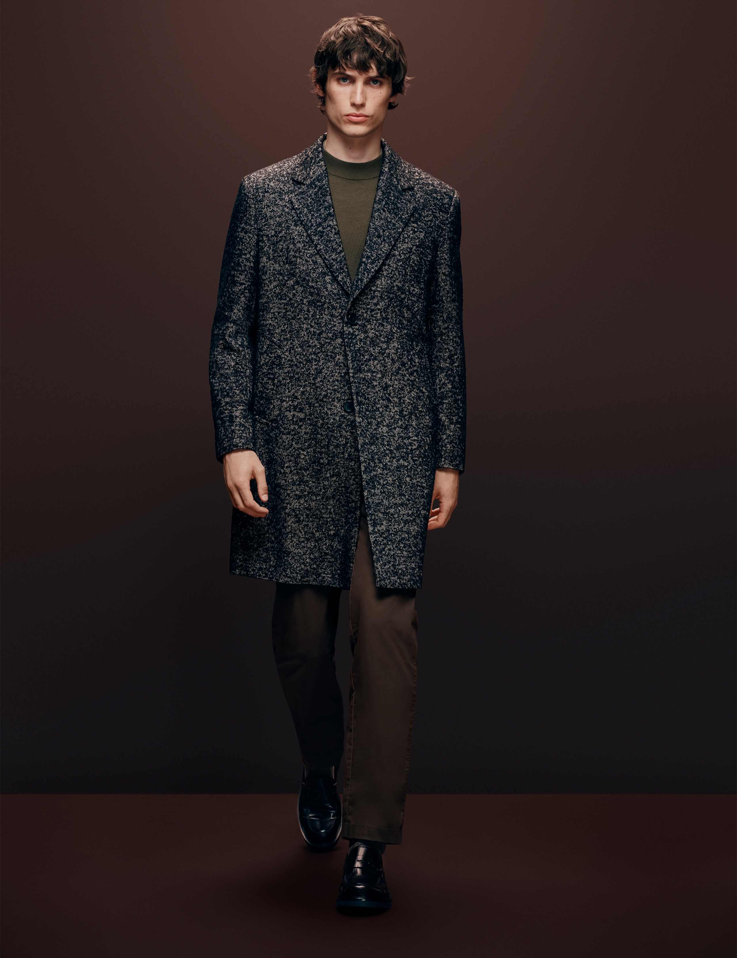 Wool Blend Herringbone Boucle Revere Overcoat