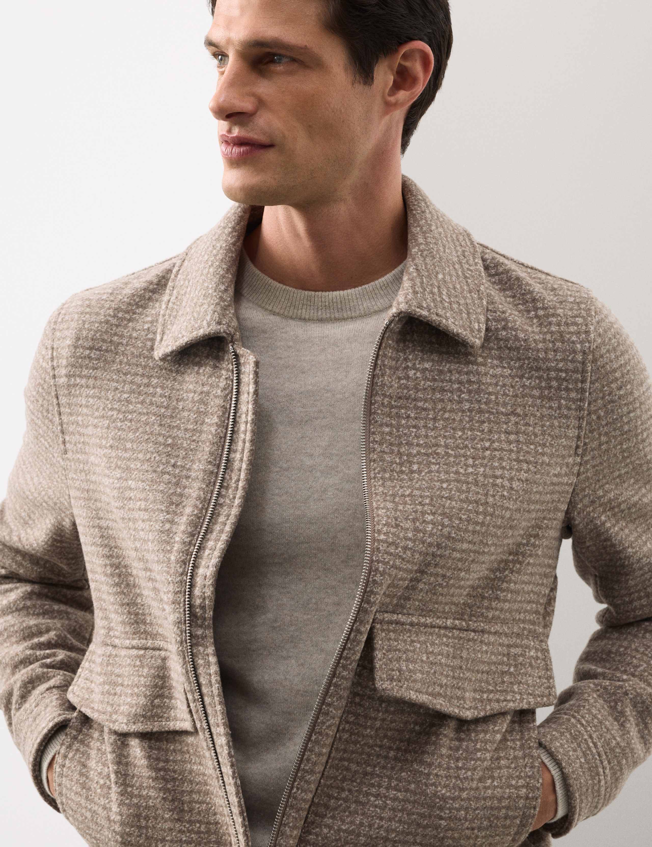 Wool Blend Zip Through Harrington Jacket