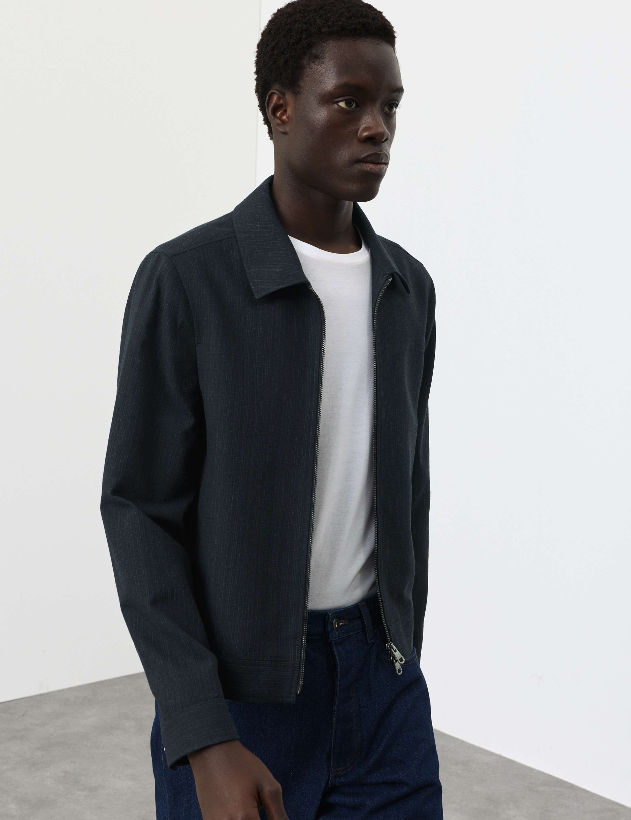 Cotton Blend Textured Harrington Jacket