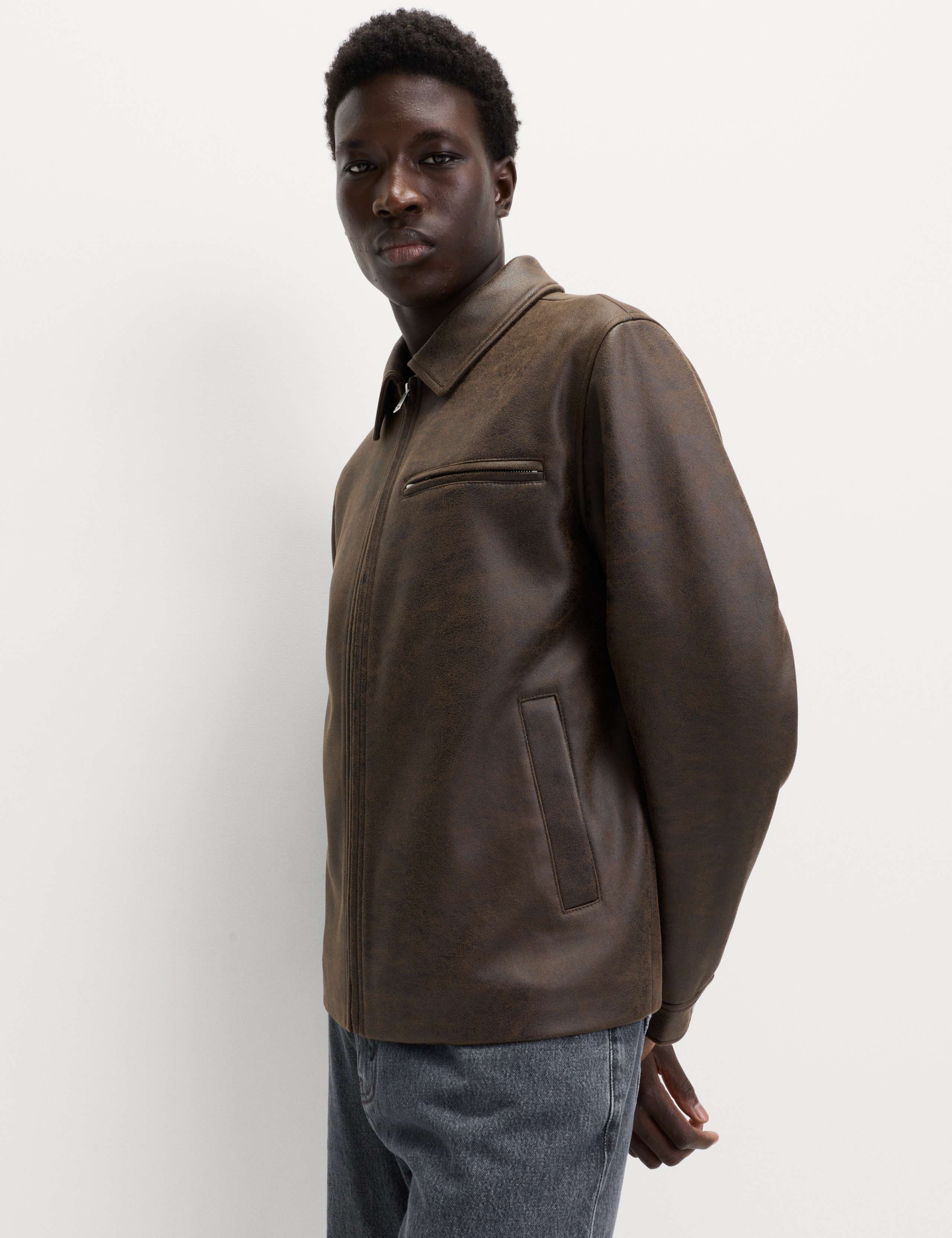 Distressed Faux Leather Harrington Jacket