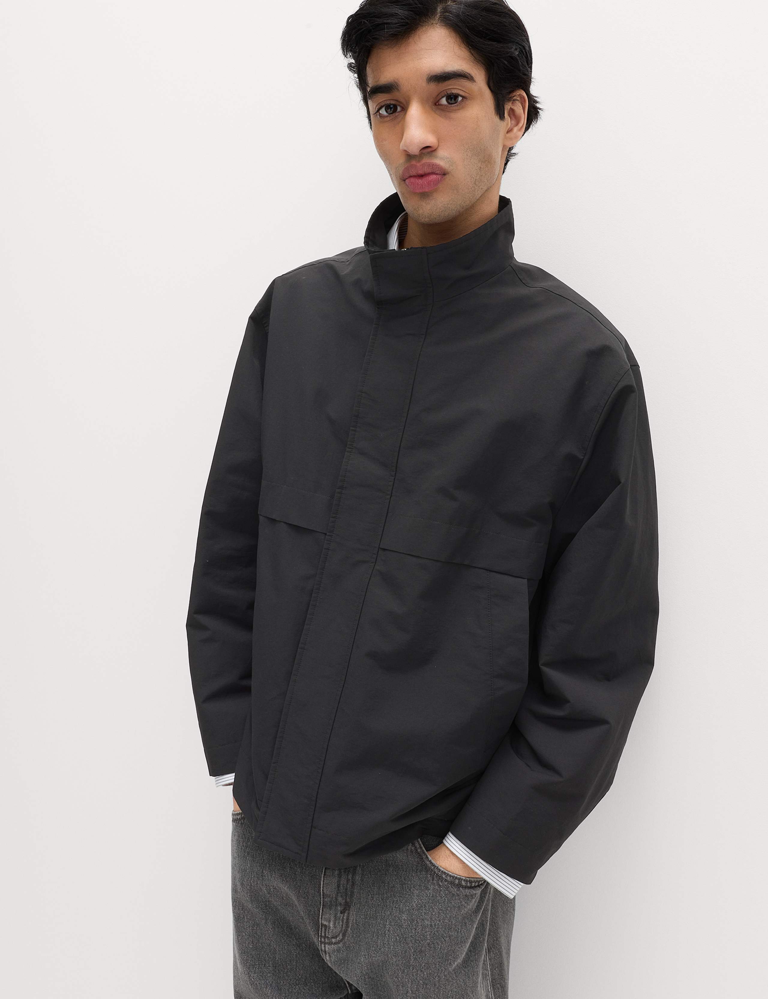 Cotton Rich Boxy Funnel Neck Bomber Jacket
