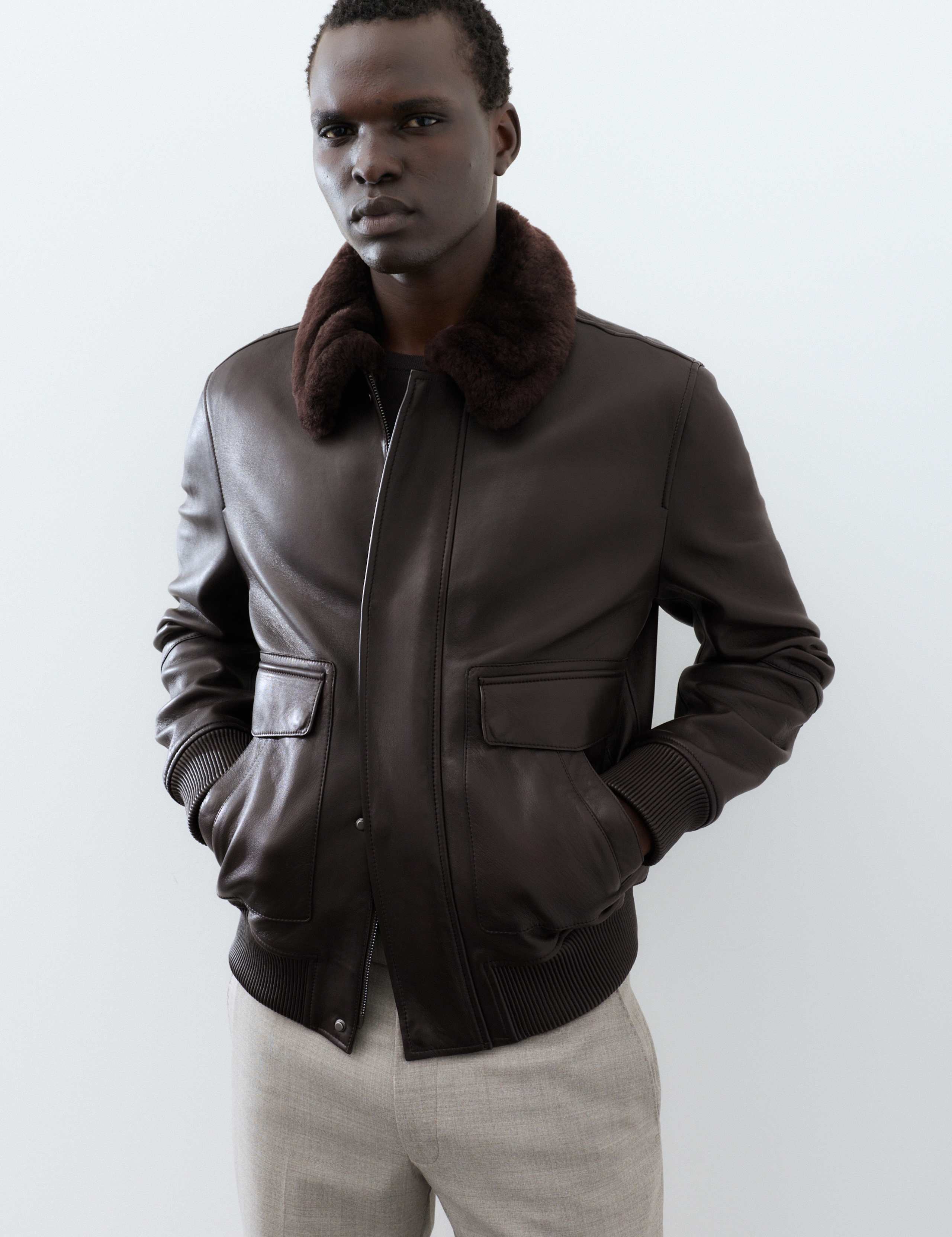 Leather Shearling Collar Bomber Jacket