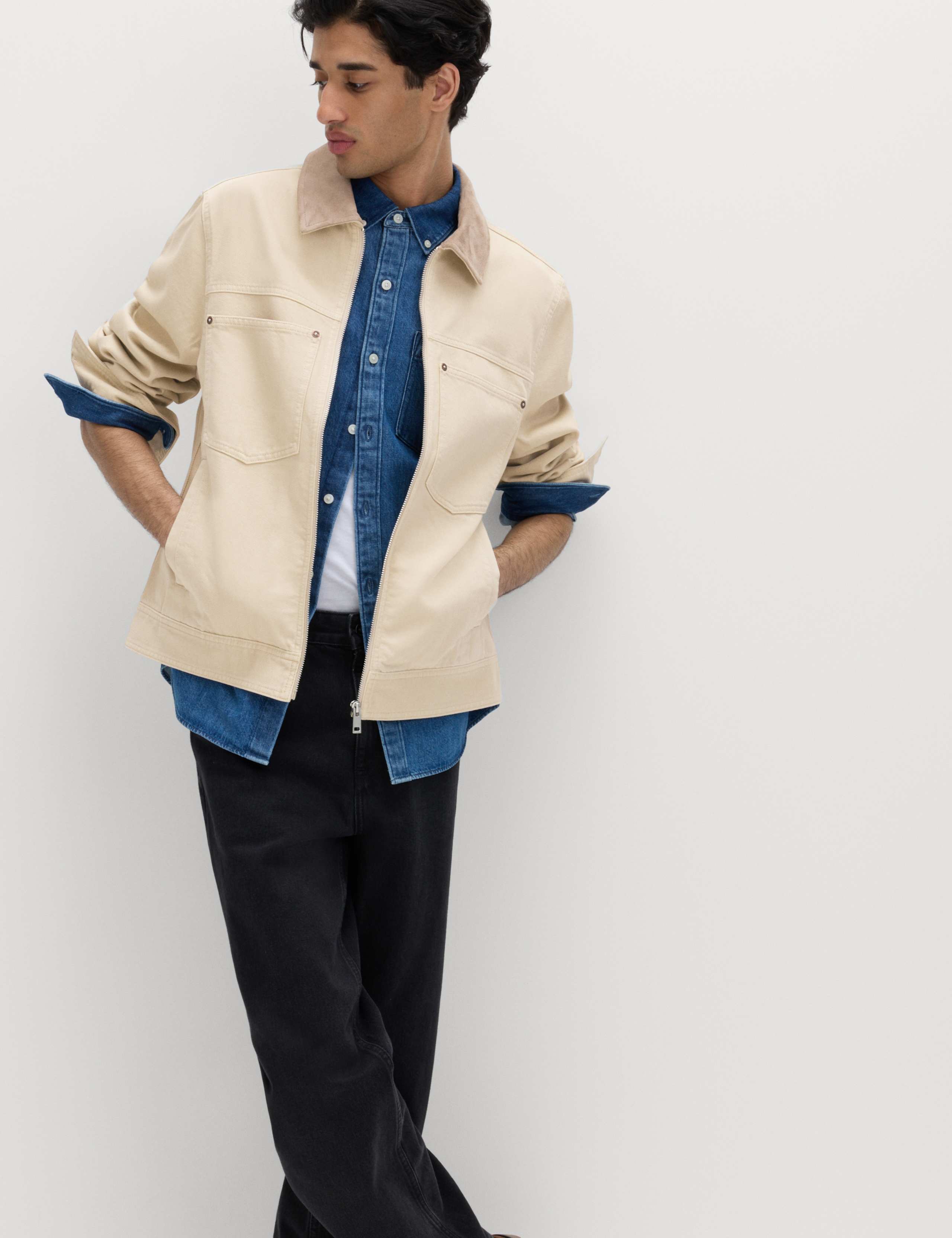 Pure Cotton Contrast Collar Denim Trucker