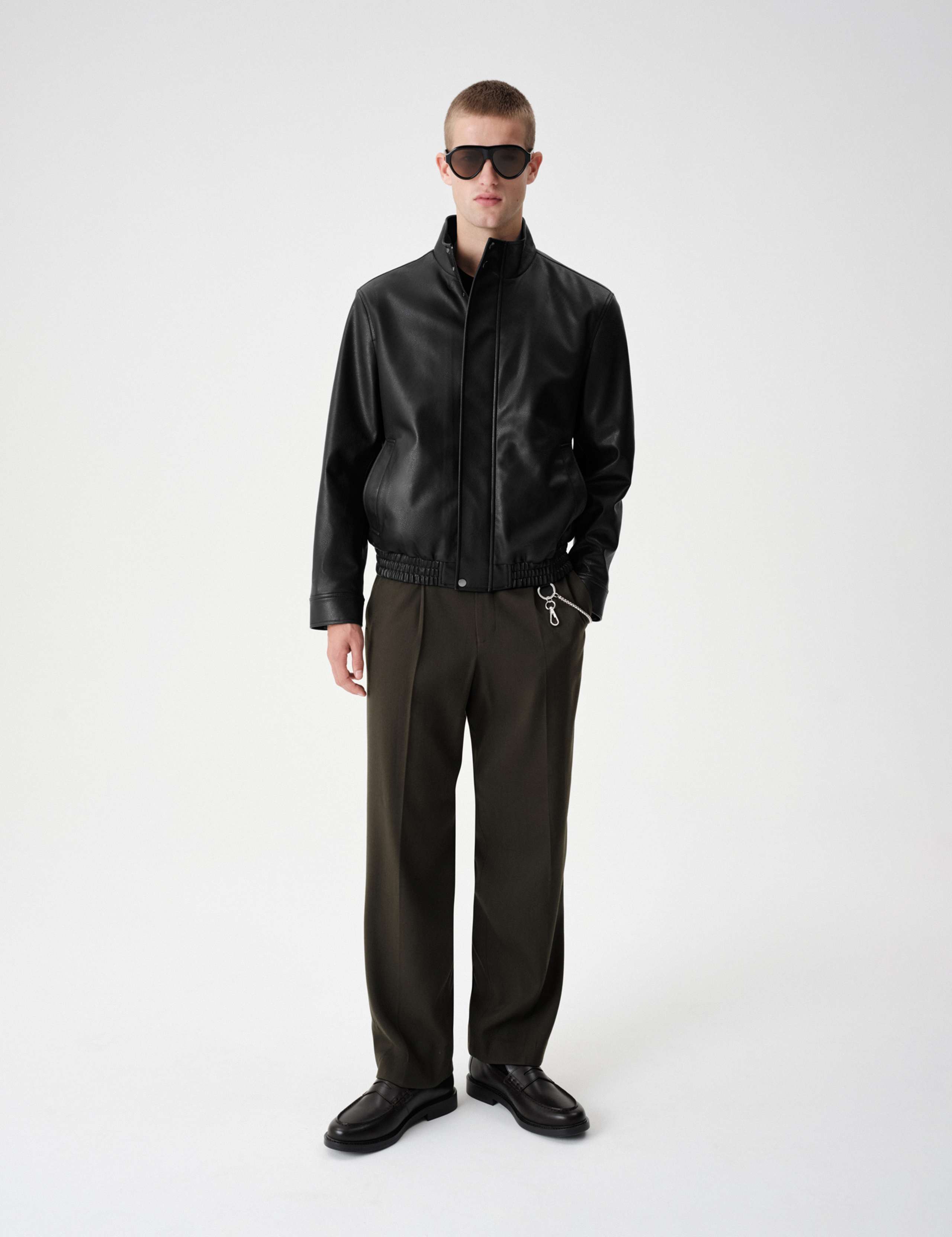 Grained Faux Leather Funnel Neck Jacket