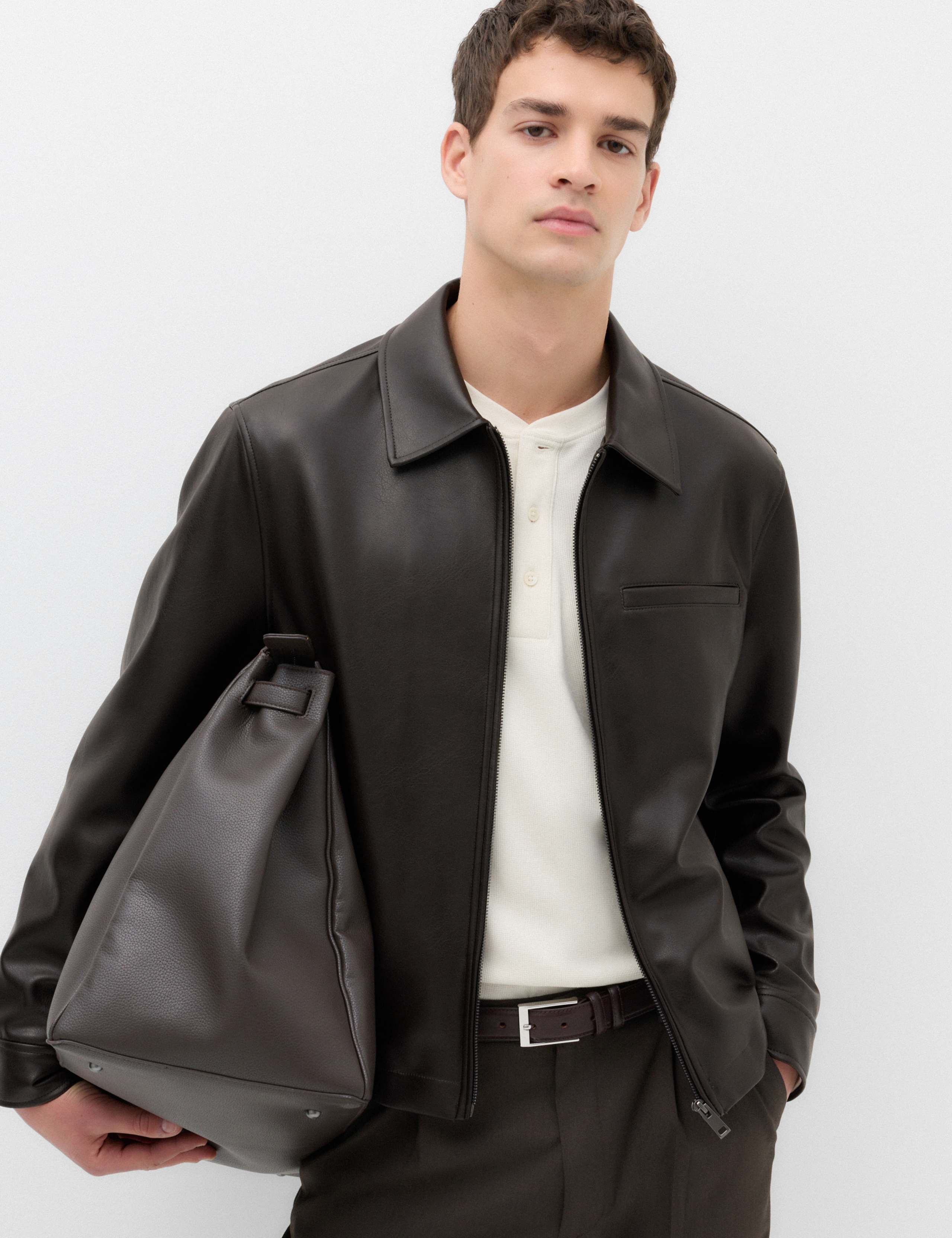 Faux Leather Textured Harrington Jacket