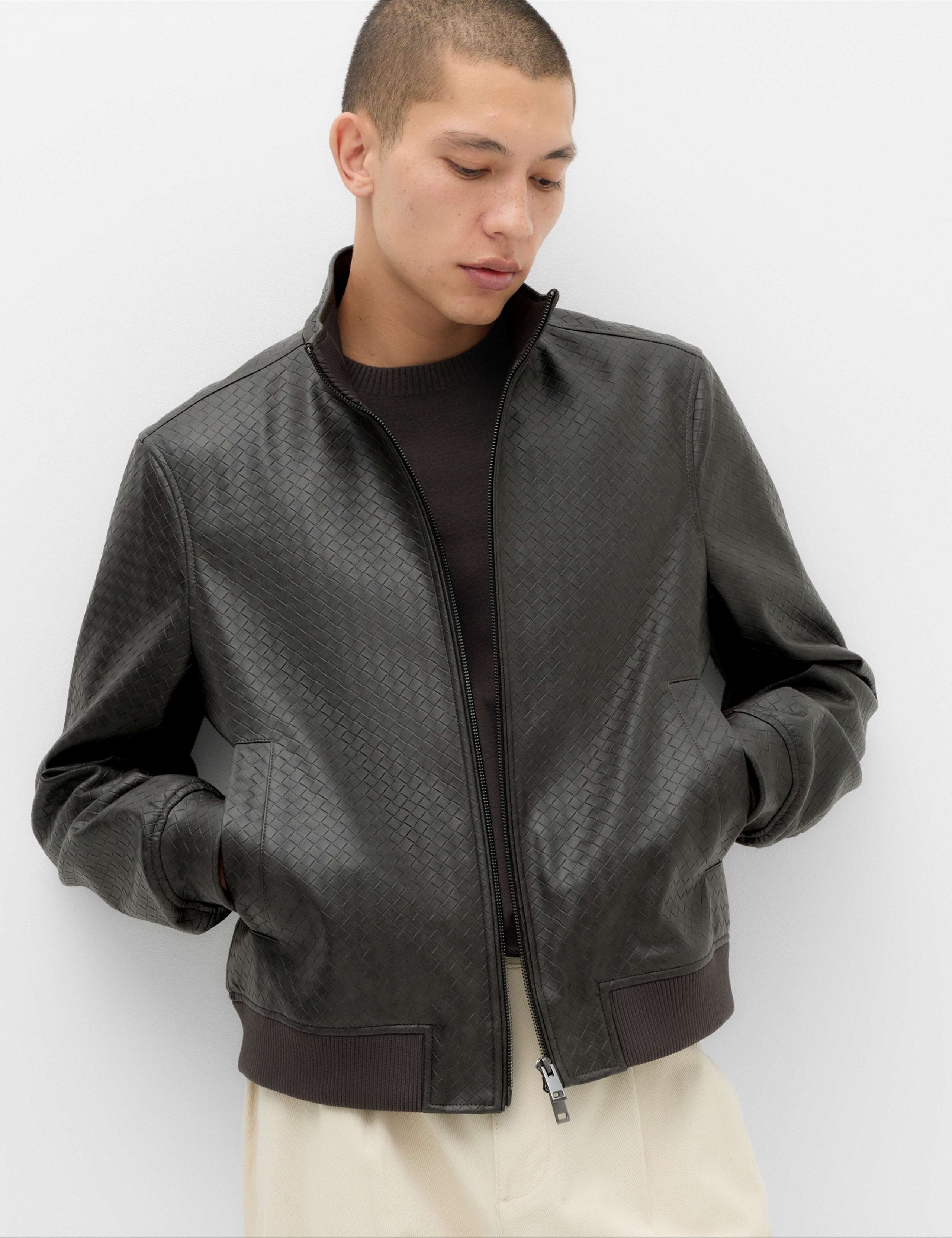 Faux Leather Textured Funnel Neck Jacket