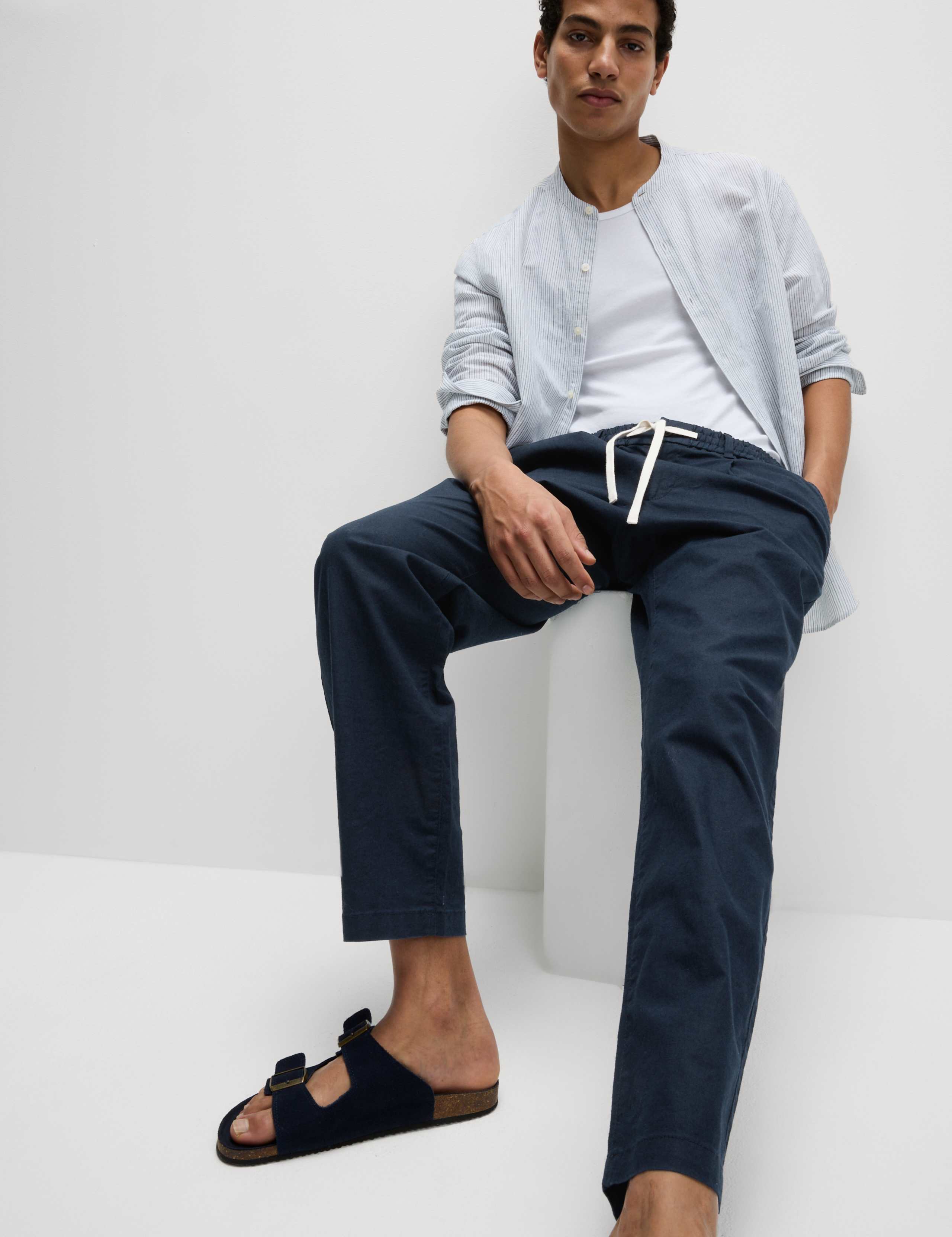 Tapered Fit Cotton Linen Blend Elasticated Trousers