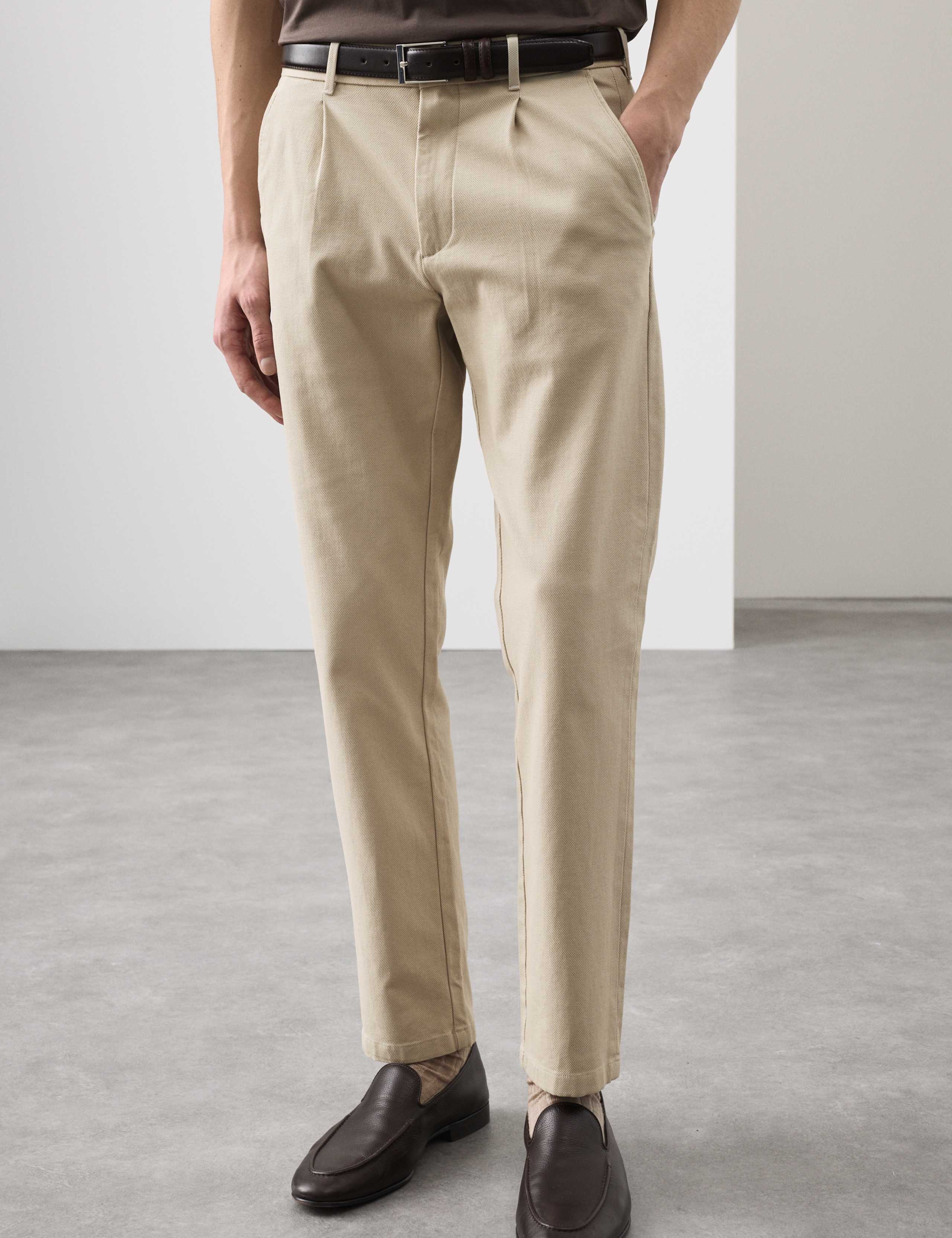 Tapered Fit Textured Dobby Pleat Front Chinos