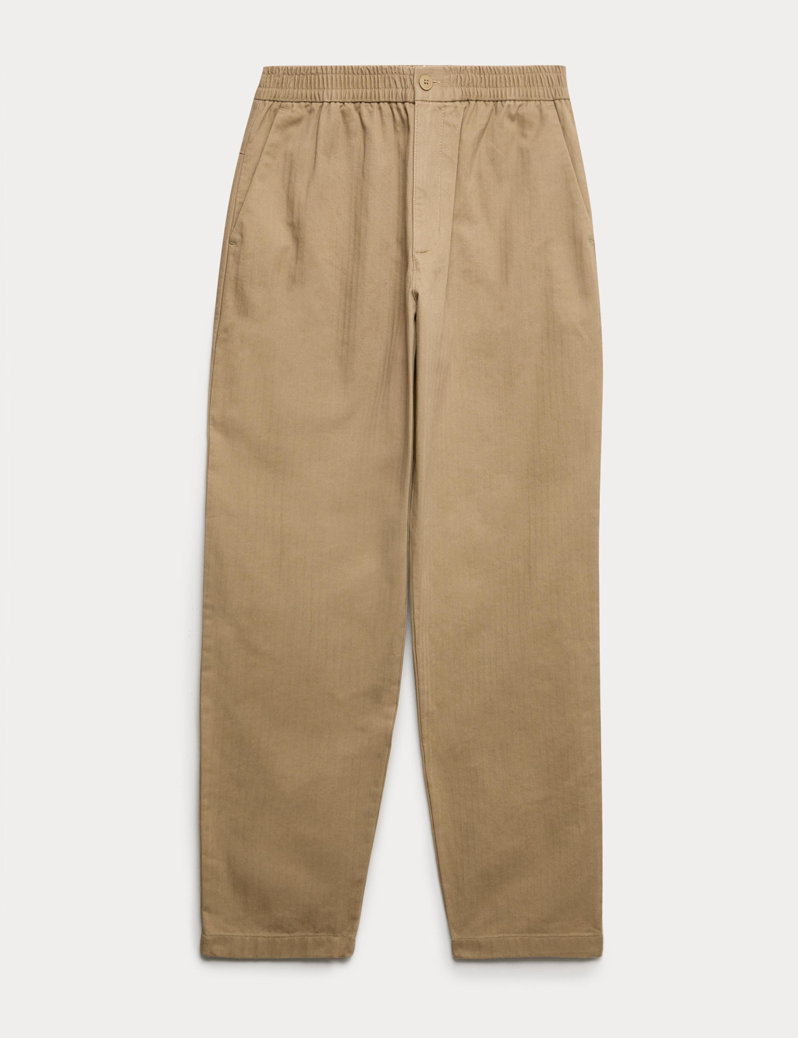 Tapered Fit Pure Cotton Herringbone Trousers