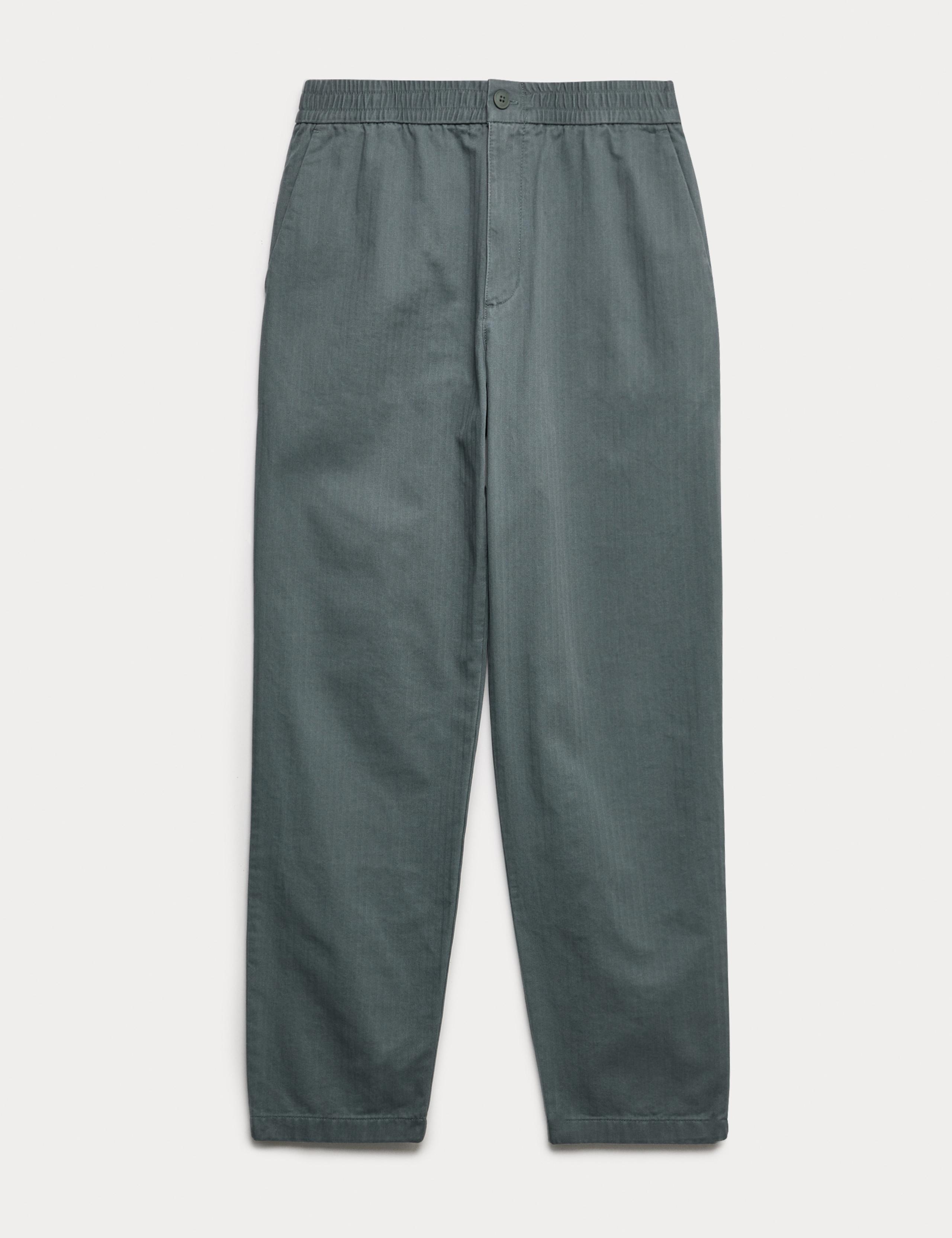 Tapered Fit Pure Cotton Herringbone Trousers