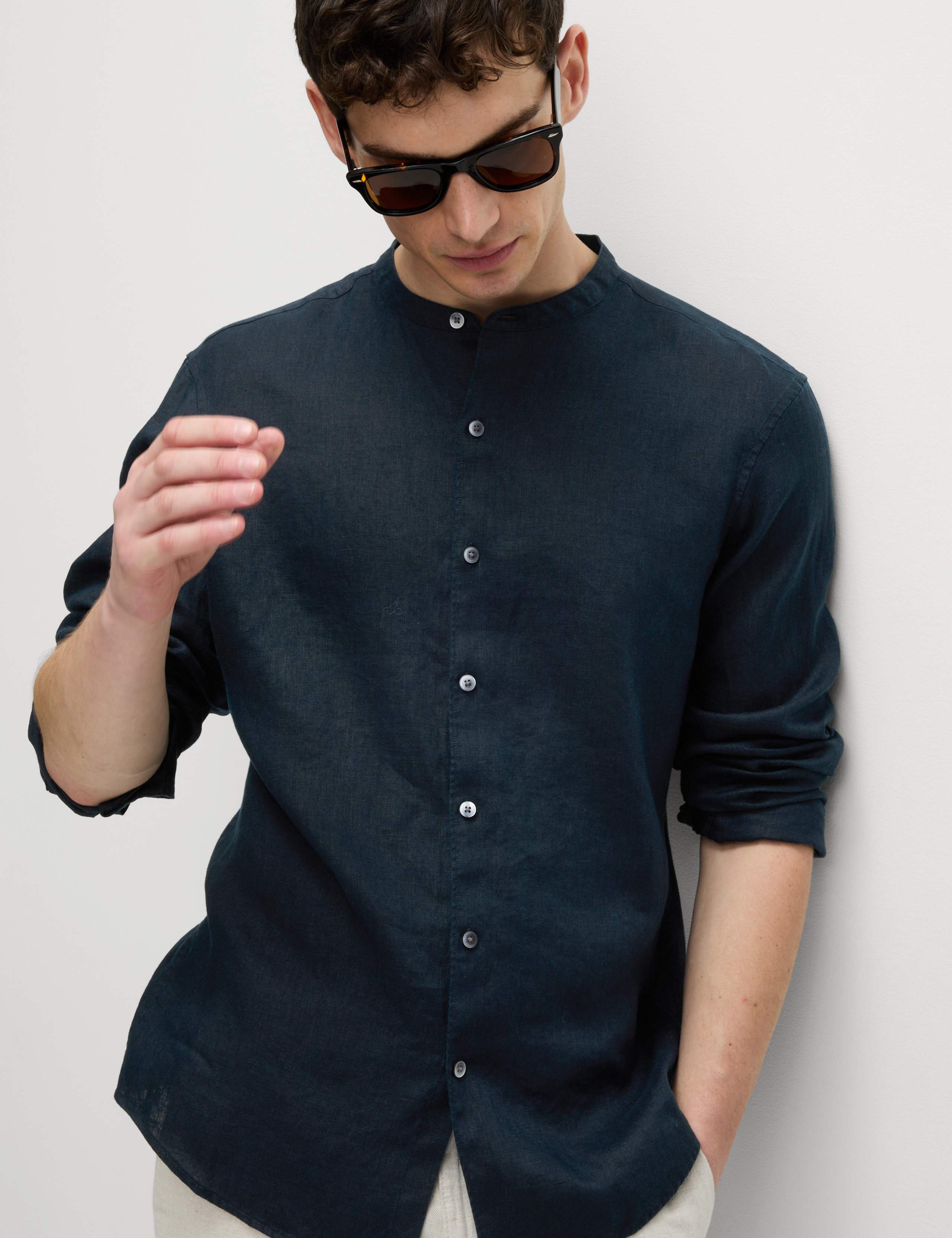 Pure Linen Grandad Collar Shirt