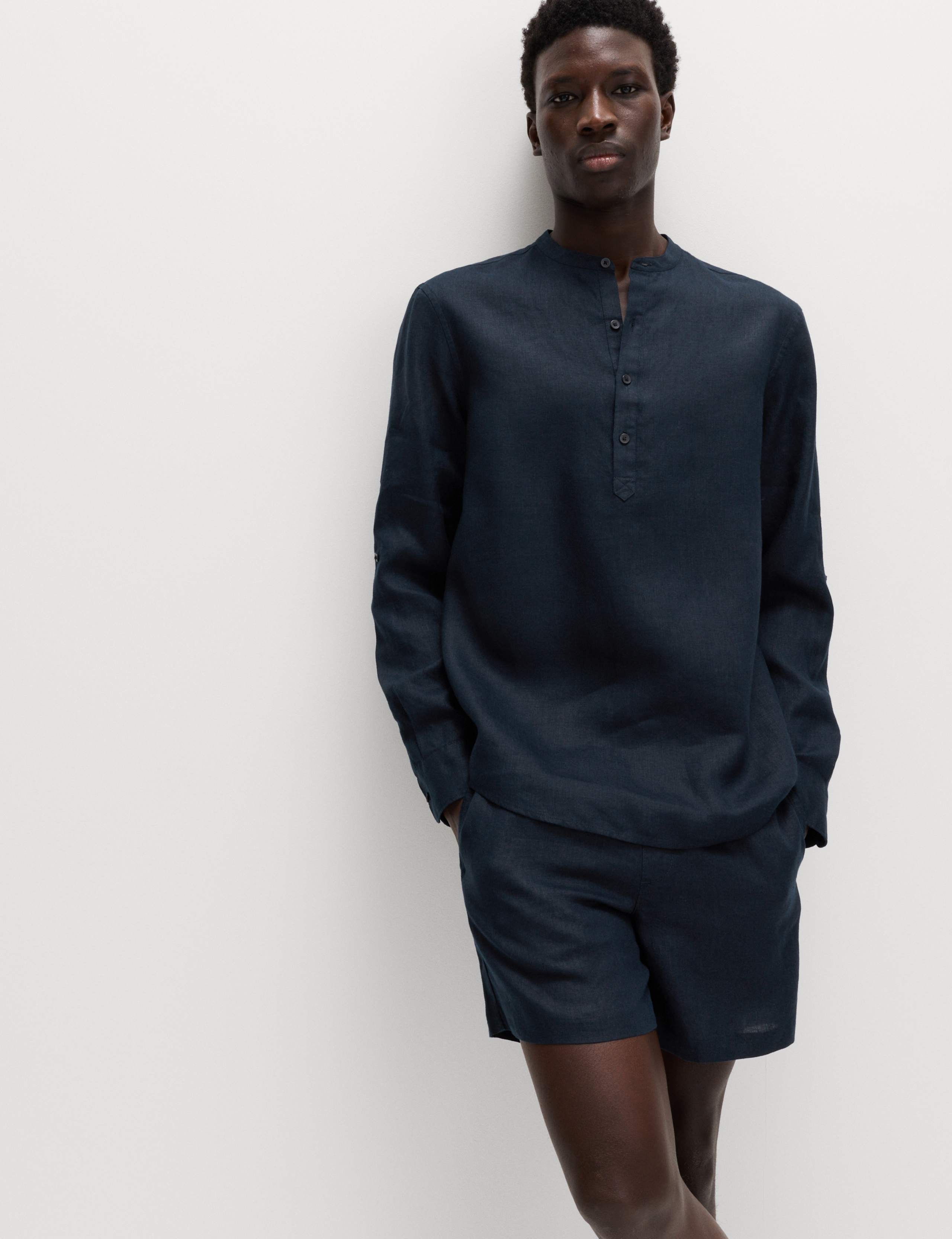 Pure Linen Grandad Collar Shirt