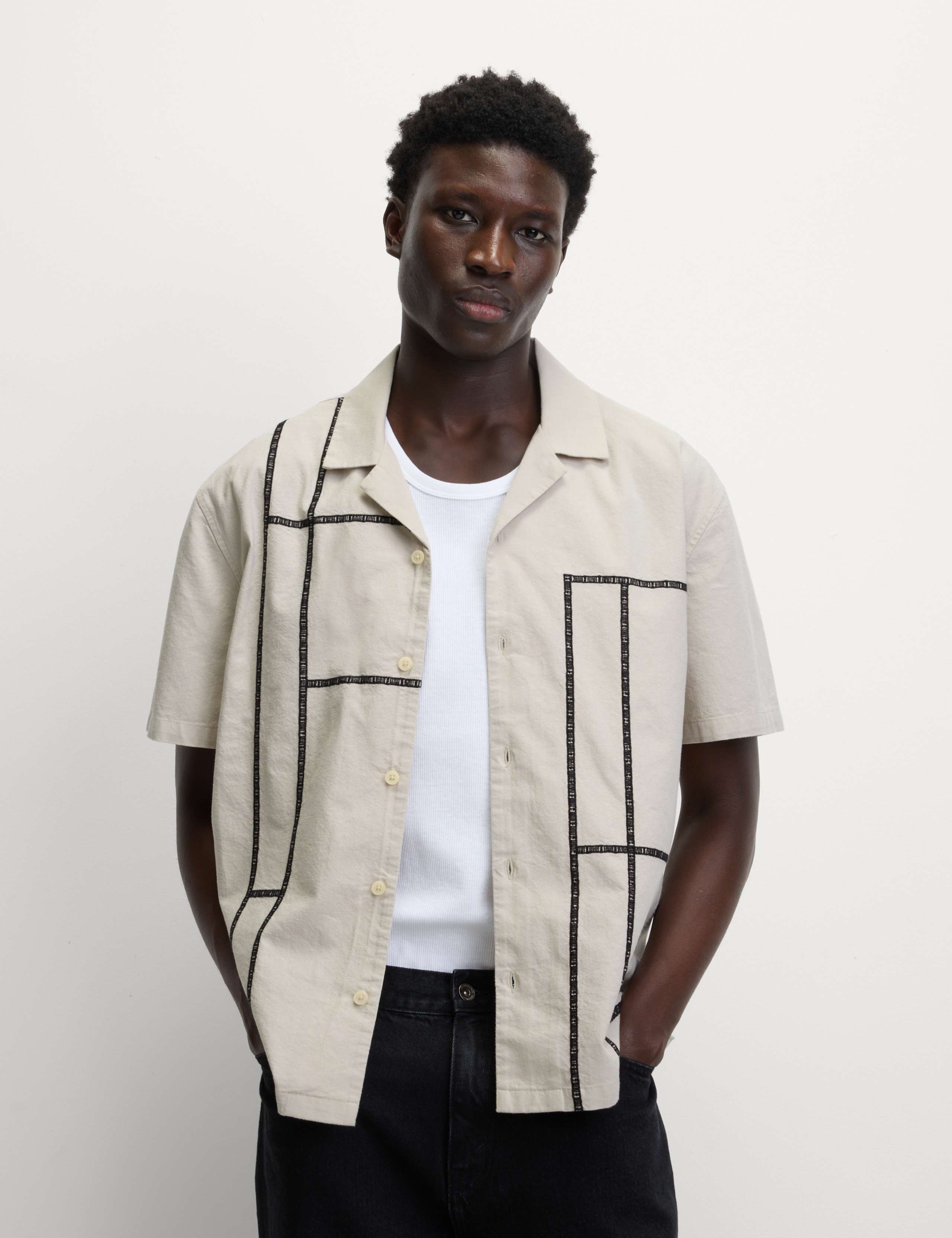 Relaxed Fit Cotton Rich Line Embroidery Shirt