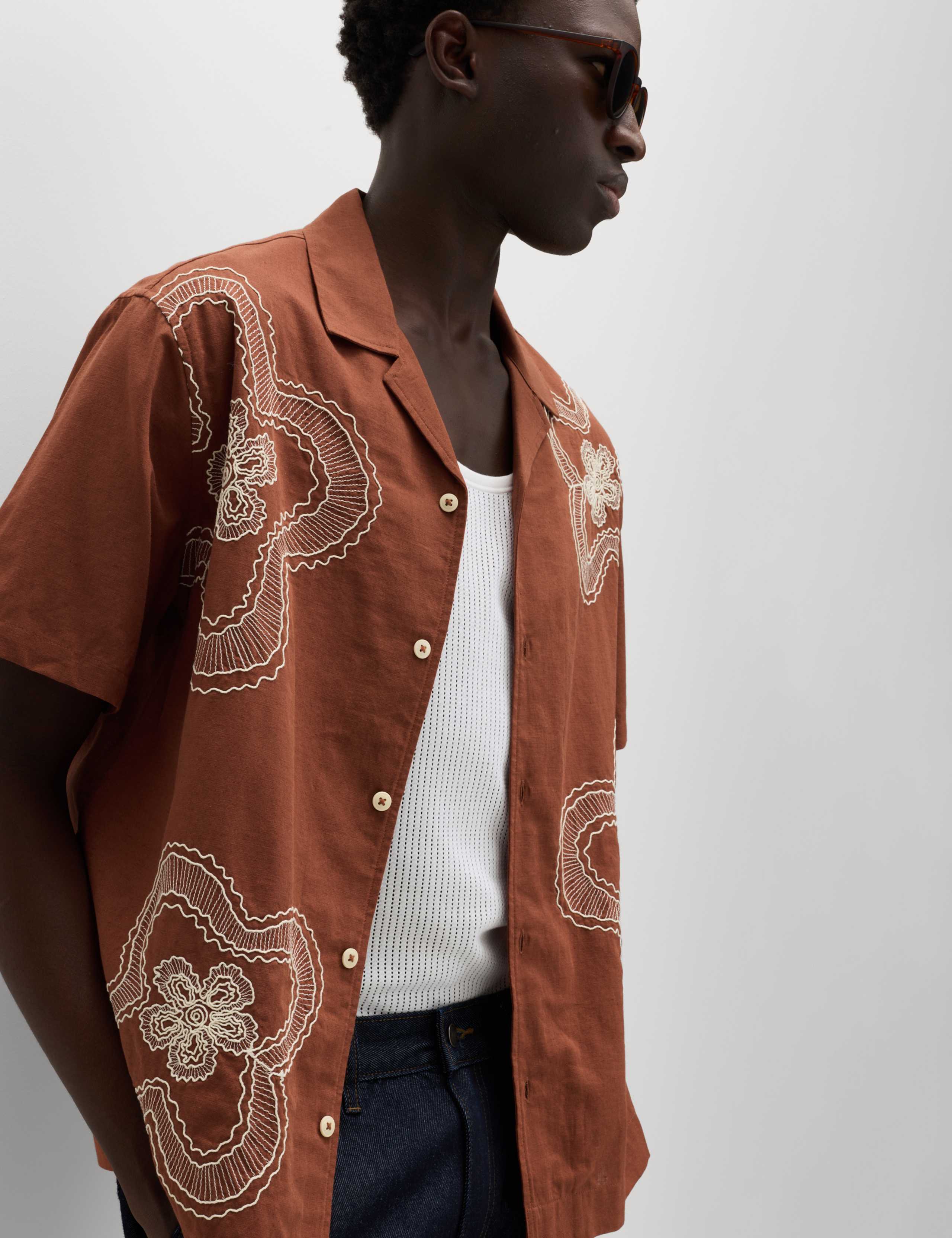 Regular Fit Cotton Linen Blend Floral Shirt