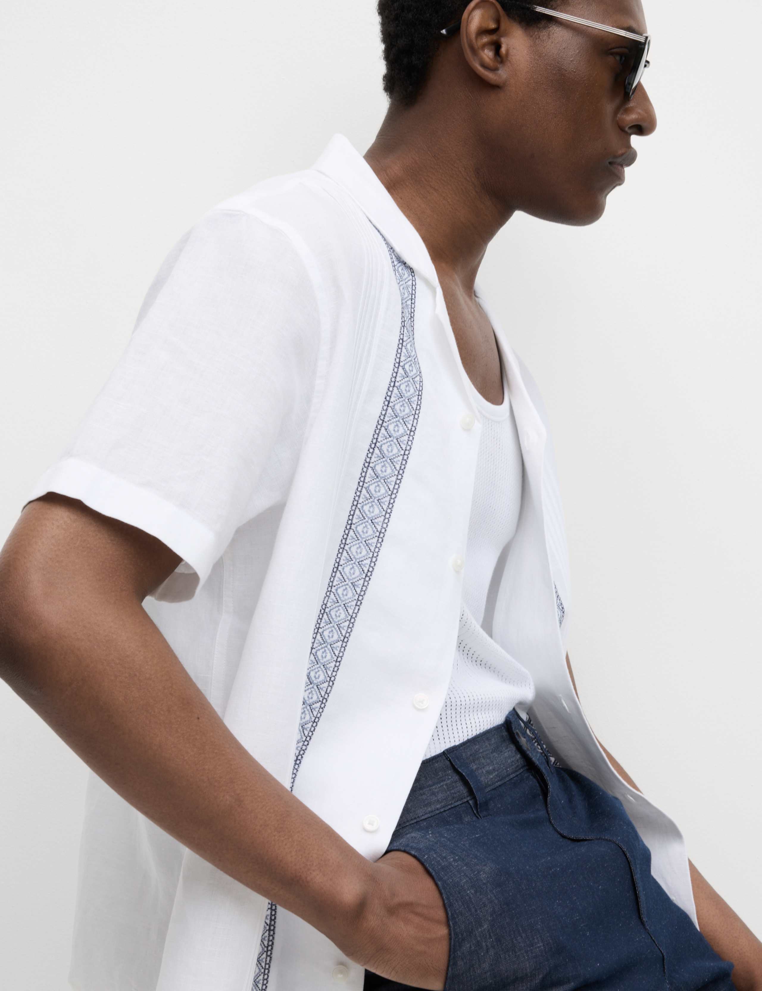 Cotton Linen Blend Embroidered Shirt