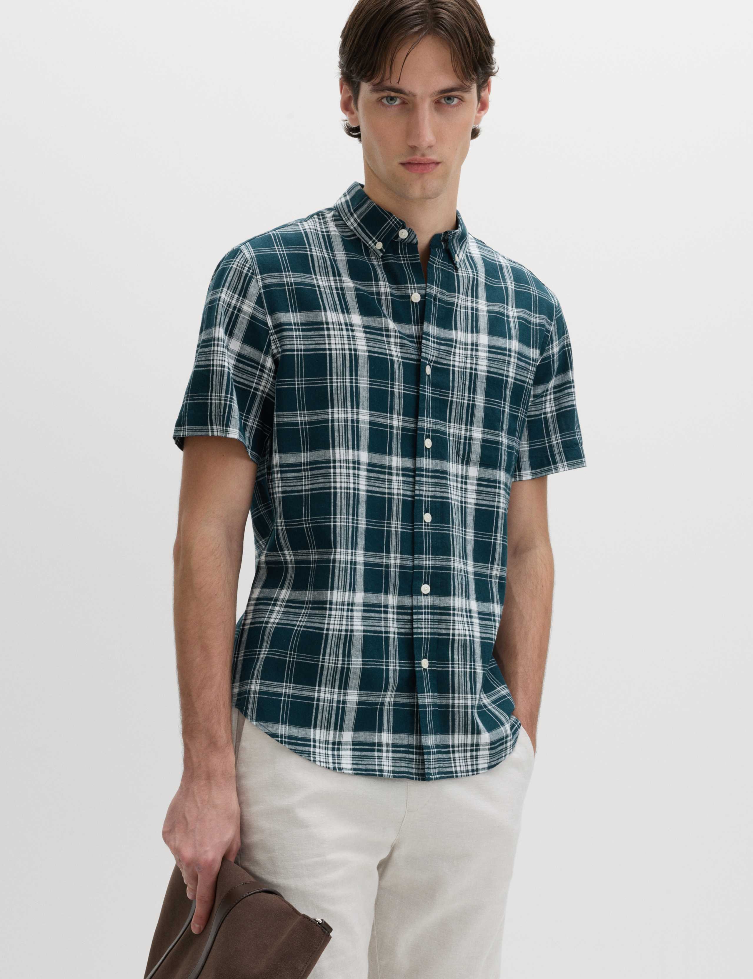Cotton Linen Blend Check Short Sleeve Shirt