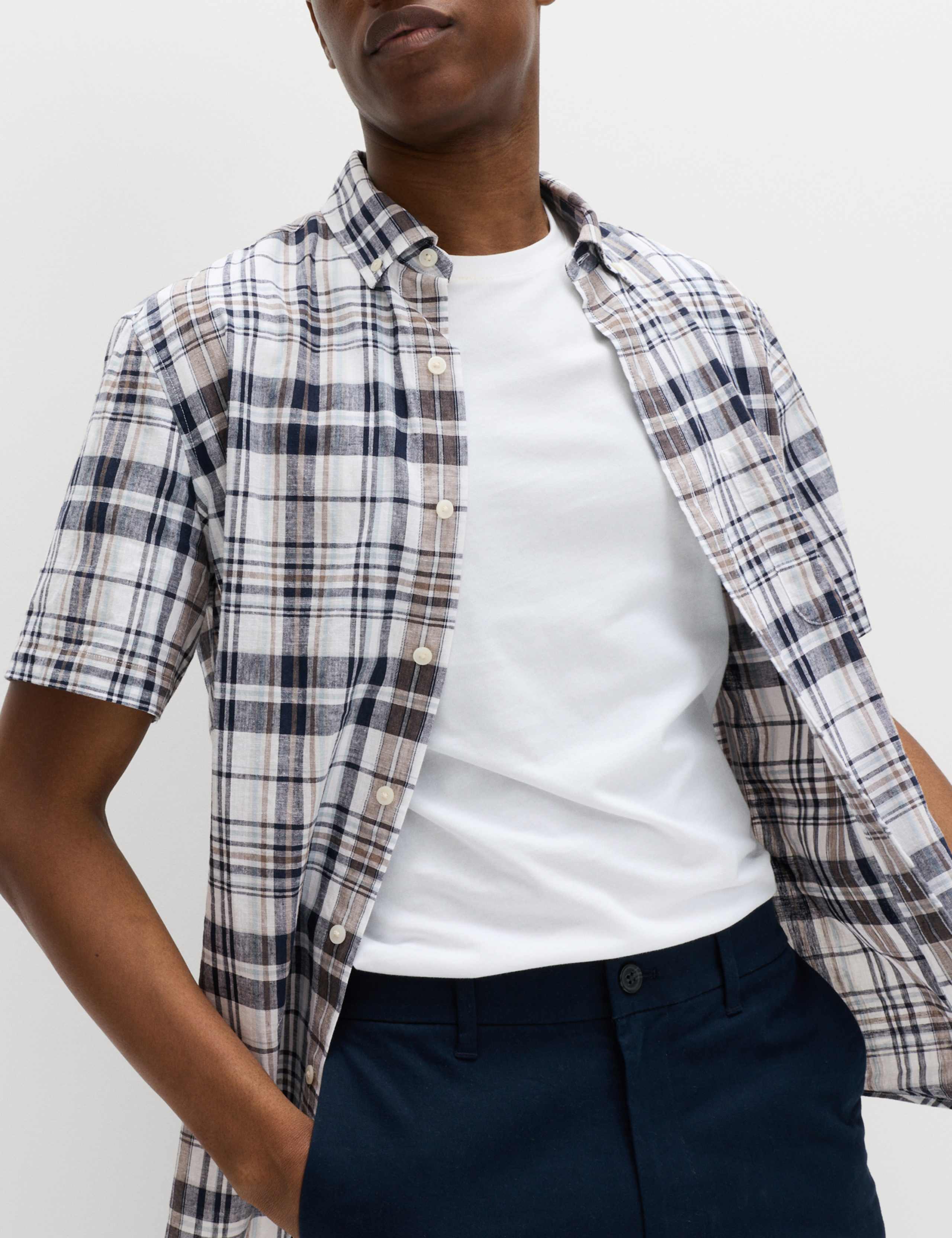Cotton Linen Blend Check Short Sleeve Shirt