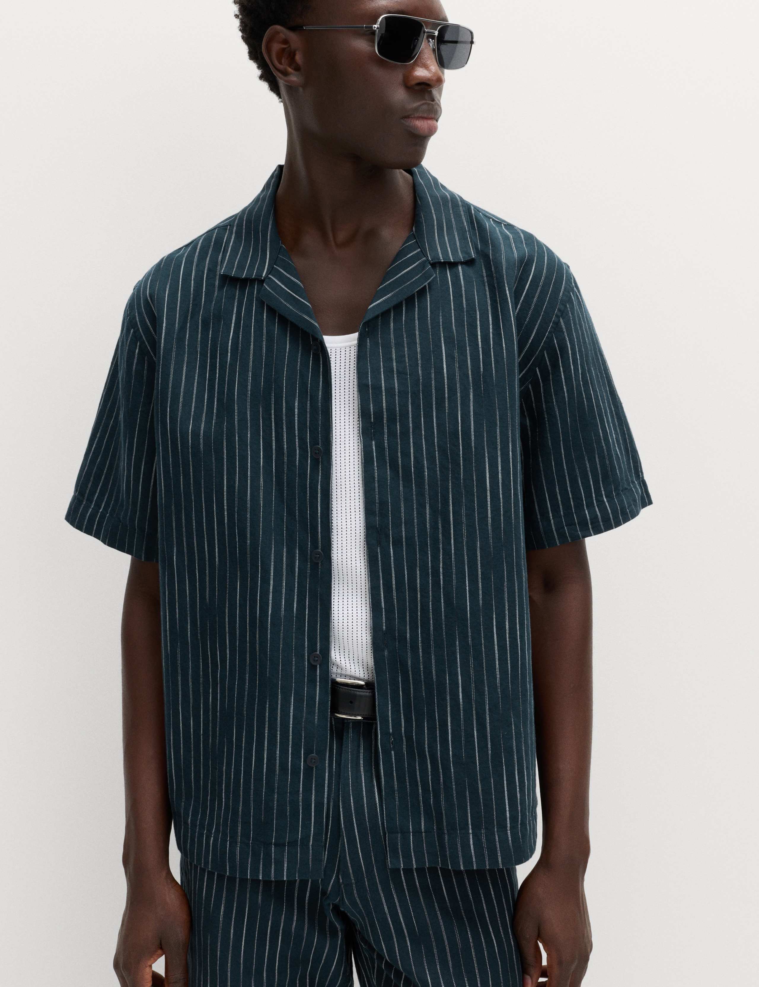Cotton Linen Blend Striped Short Sleeve Shirt