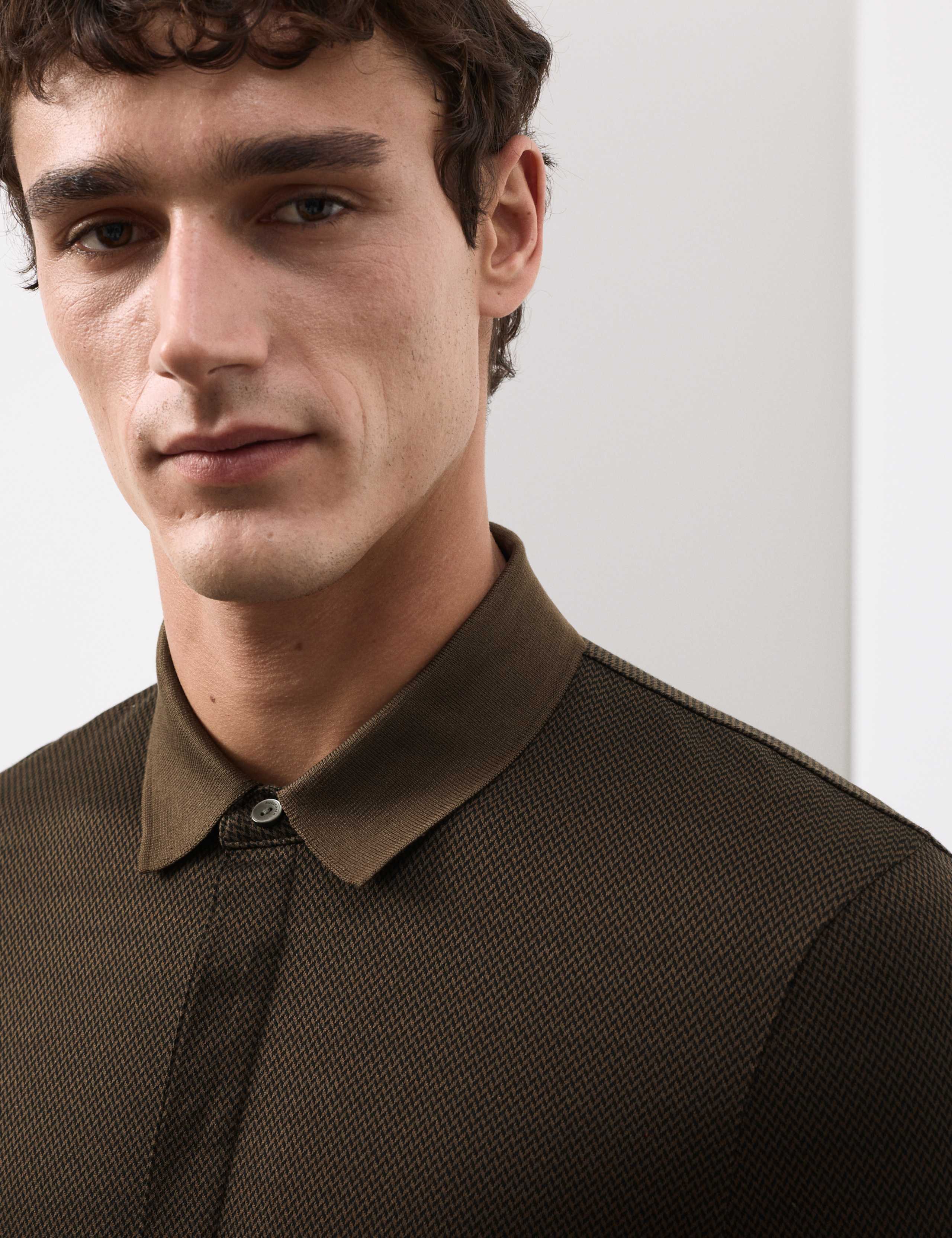 Pure Cotton Textured Long Sleeve Polo Shirt