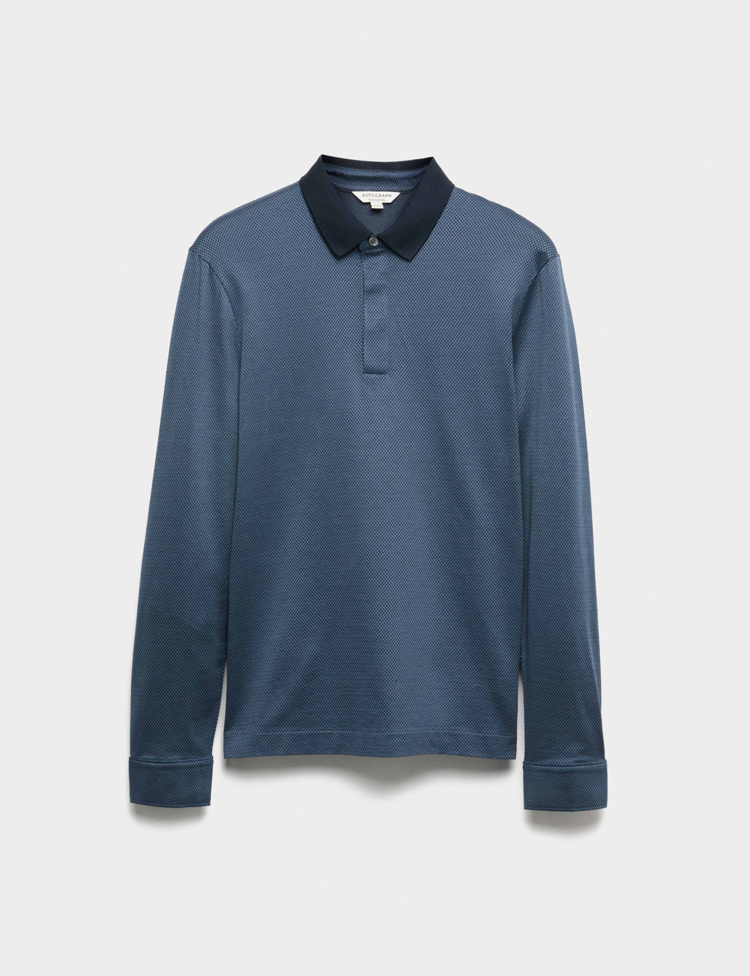 Pure Cotton Textured Long Sleeve Polo Shirt