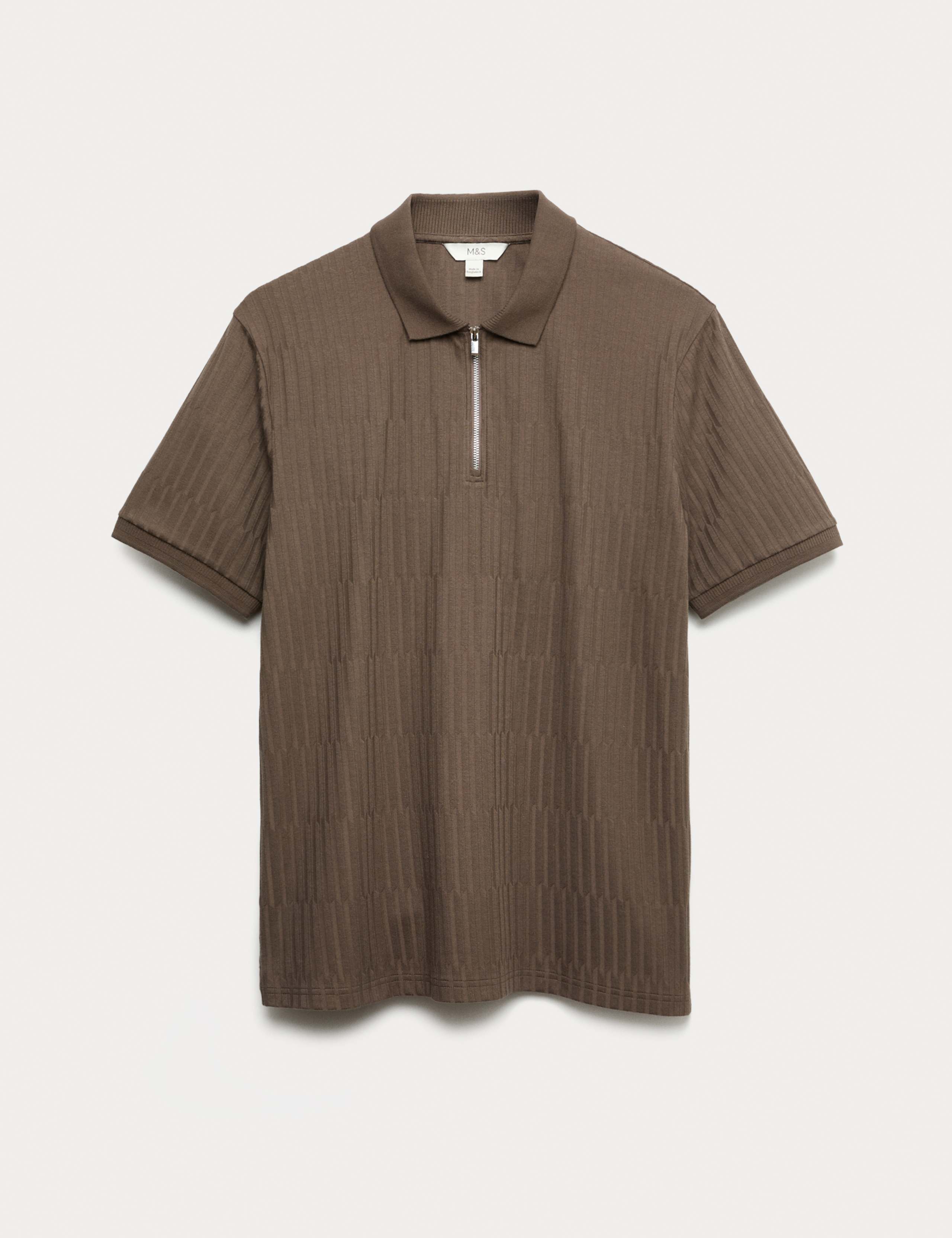 Cotton Rich Jacquard Zip Up Polo Shirt