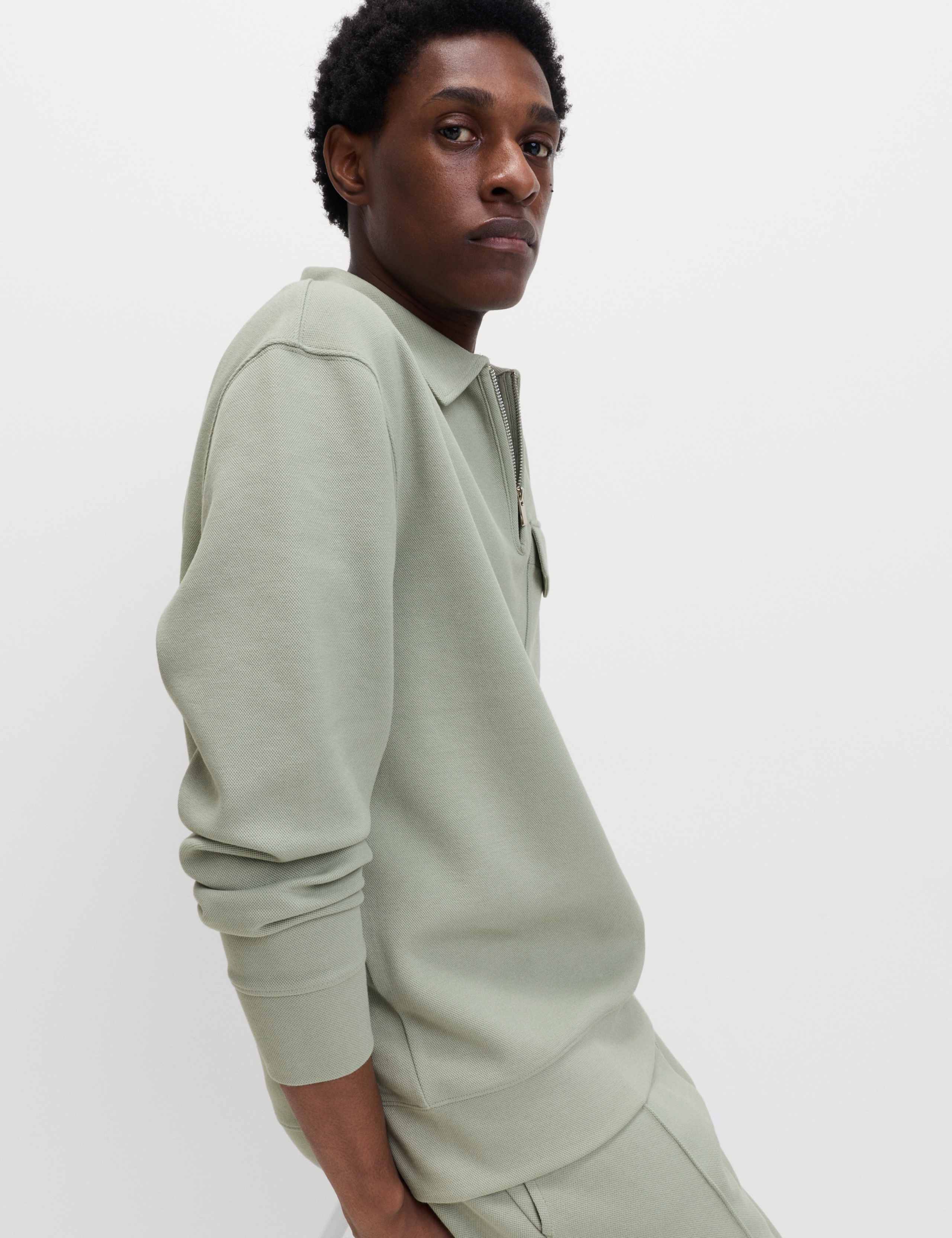 Cotton Blend Pique Half Zip Top