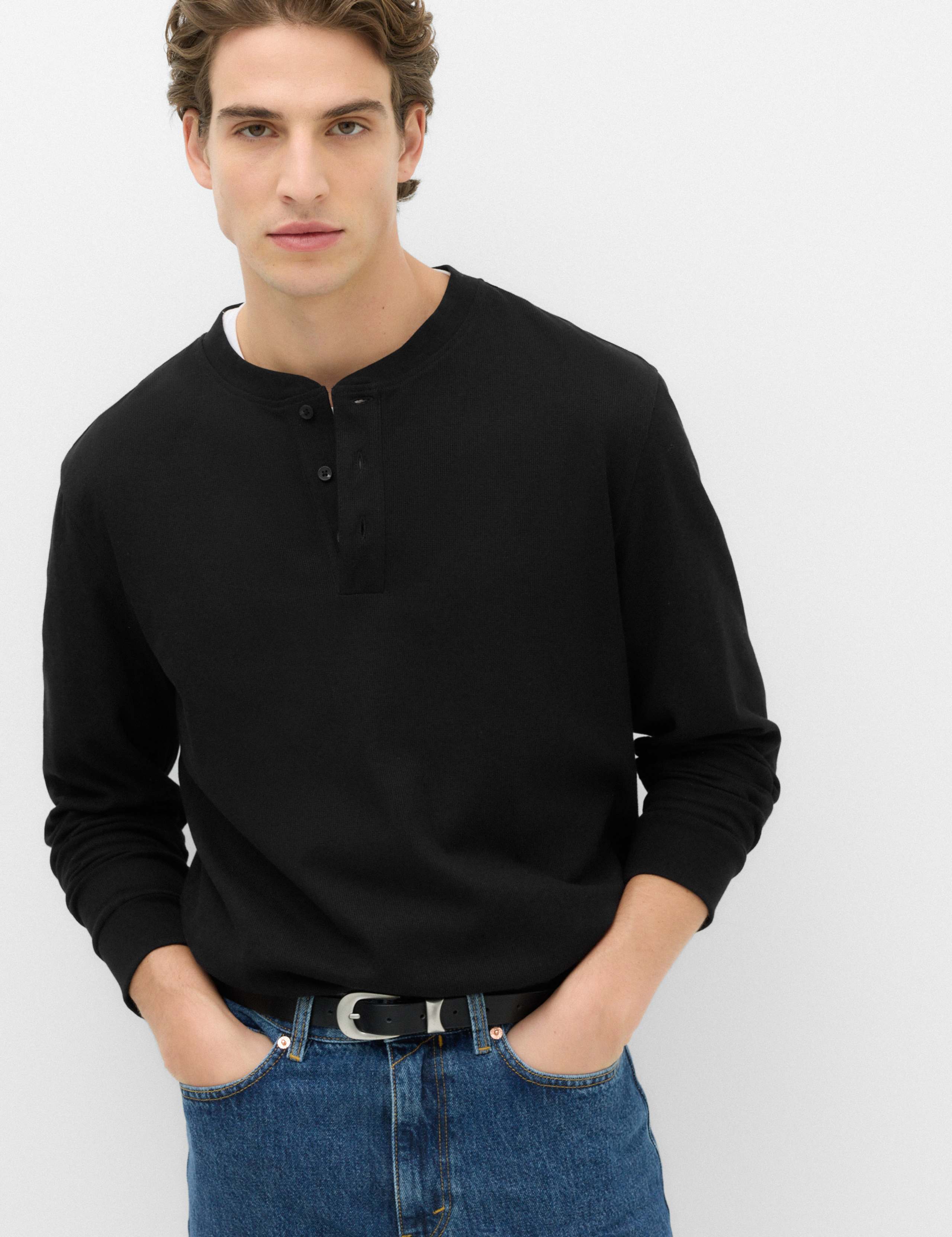 Cotton Rich Waffle Henley Long Sleeve T-Shirt