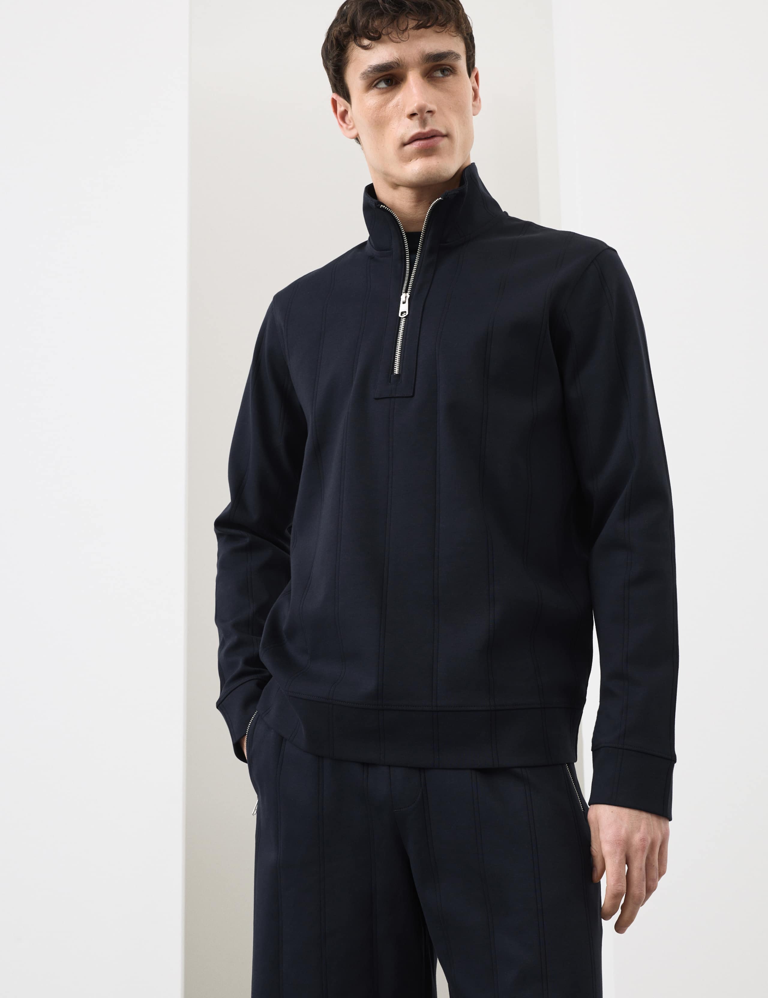 Pure Cotton Textured Striped Half Zip Jacket